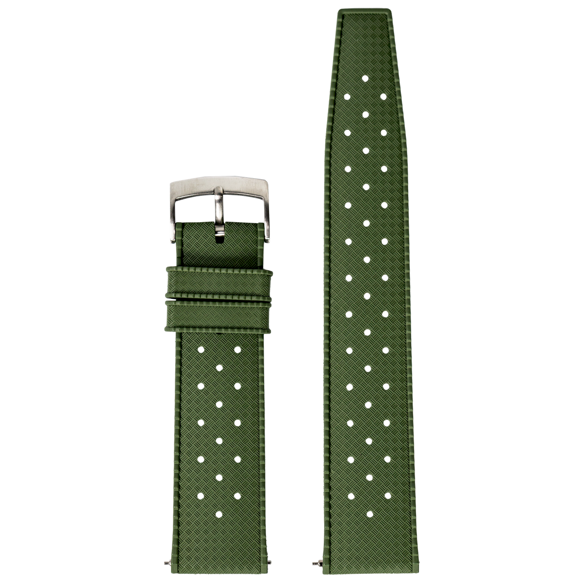 Green quick release watch strap with perforated FKM rubber and brushed metal buckle