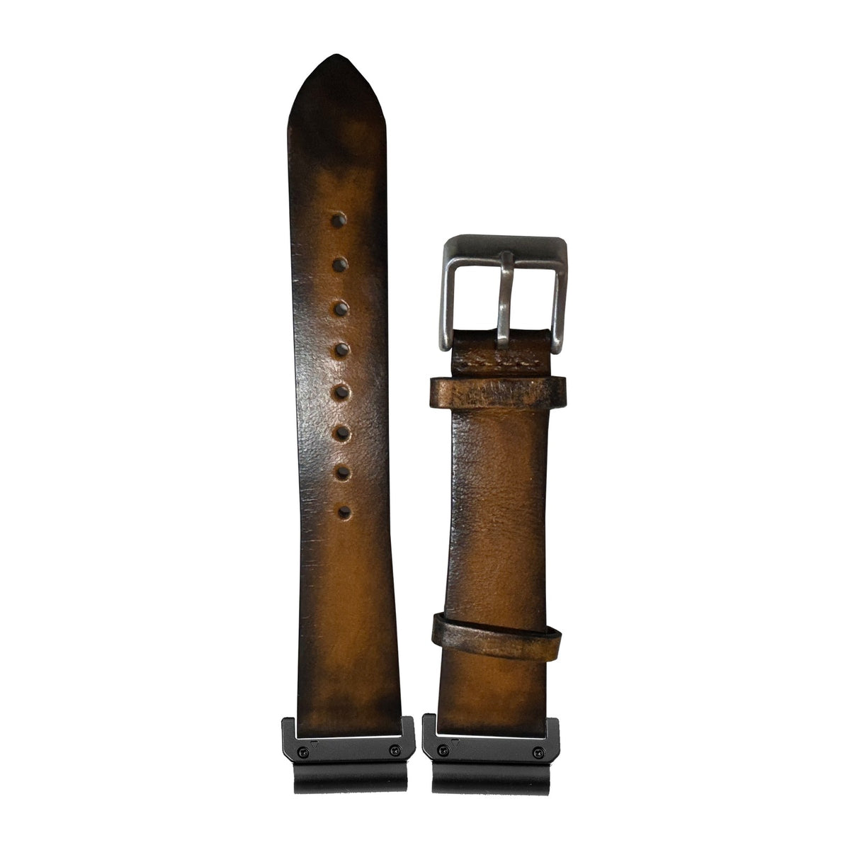 [QuickFit] Vintage Leather - Smoked Yellow watch strap with Slim Military QuickFit adapters (Black) attached, flat lay