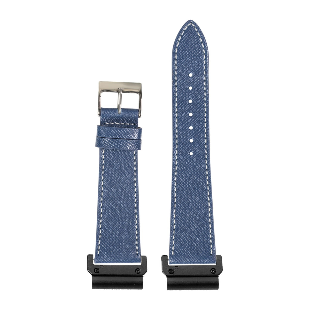 [QuickFit] Saffiano Leather - Navy Blue with White Stitching watch strap with Slim Military QuickFit adapters (Black) attached, flat lay