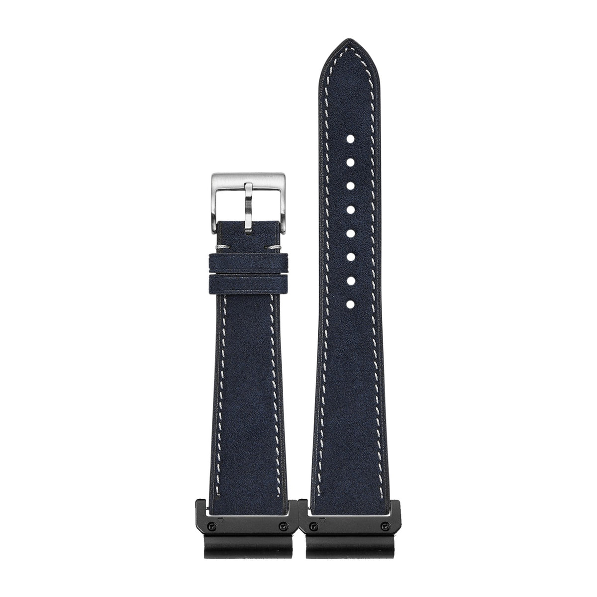 [QuickFit] Alcantara Leather - Navy Blue | White Stitching watch strap with Slim Military QuickFit adapters (Black) attached, flat lay
