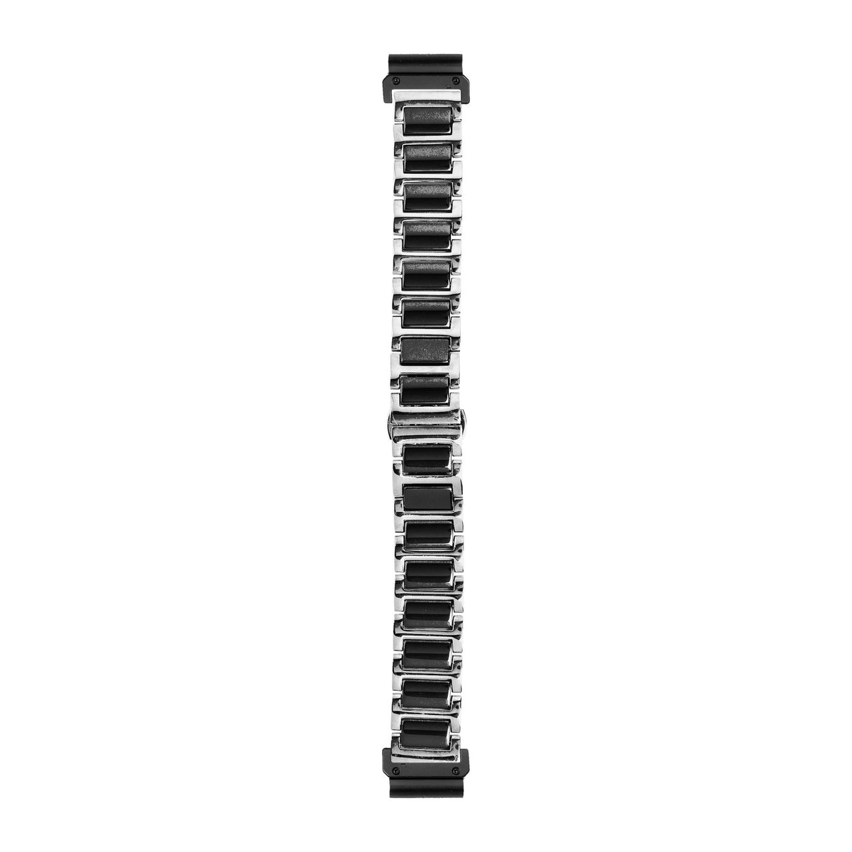 [QuickFit] Ceramic Bracelet - Silver / Black watch strap with Slim Military QuickFit adapters (Black) attached, flat lay