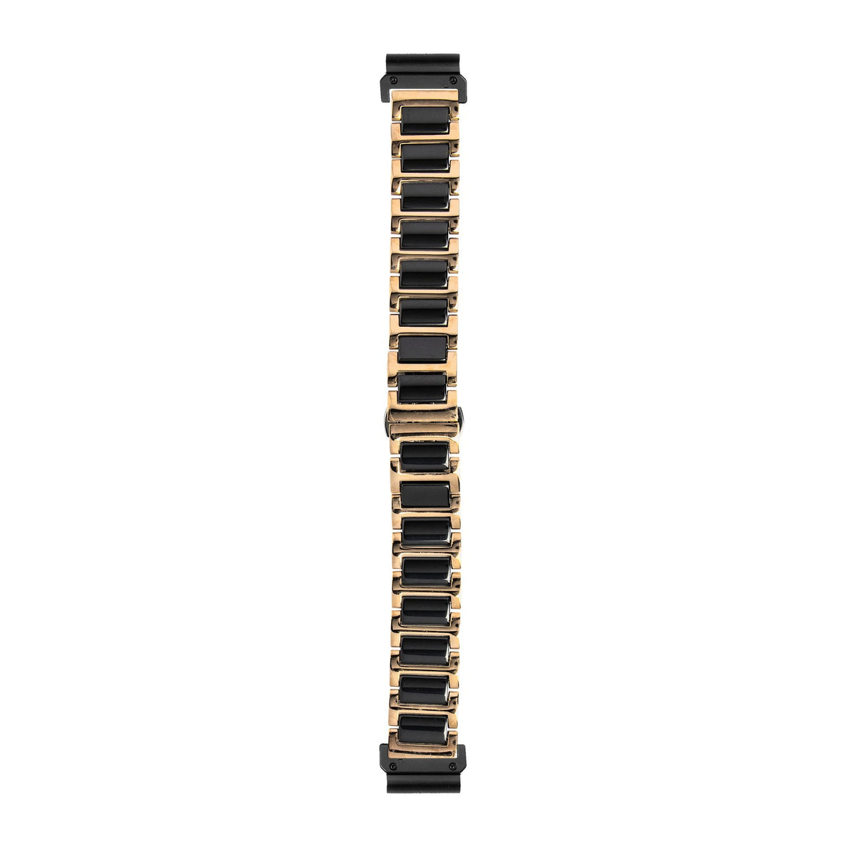 [QuickFit] Ceramic Bracelet - Rose Gold / Black watch strap with Slim Military QuickFit adapters (Black) attached, flat lay