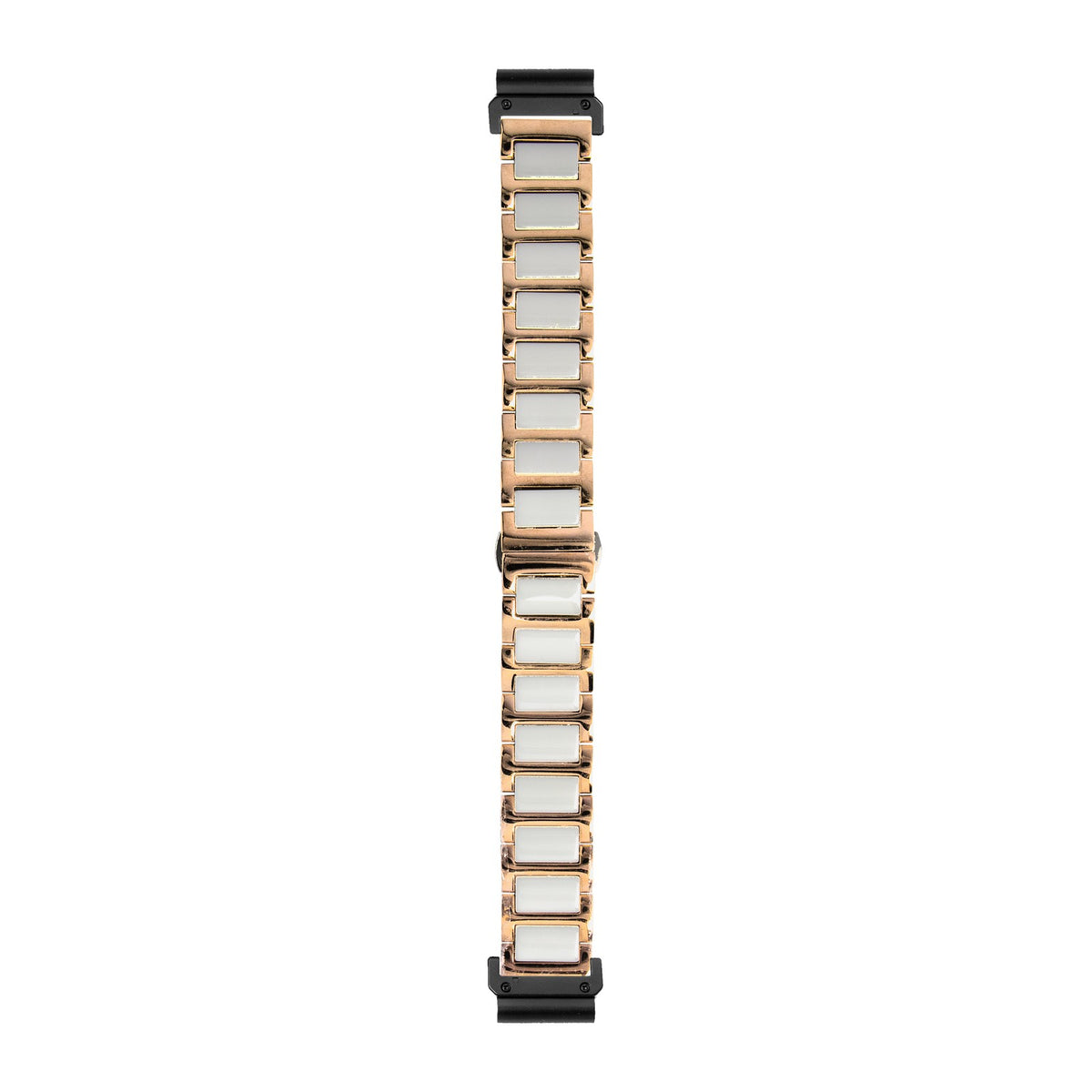 [QuickFit] Ceramic Bracelet (Rose Gold) - Deployant Clasp watch strap with Slim Military QuickFit adapters (Black) attached, flat lay