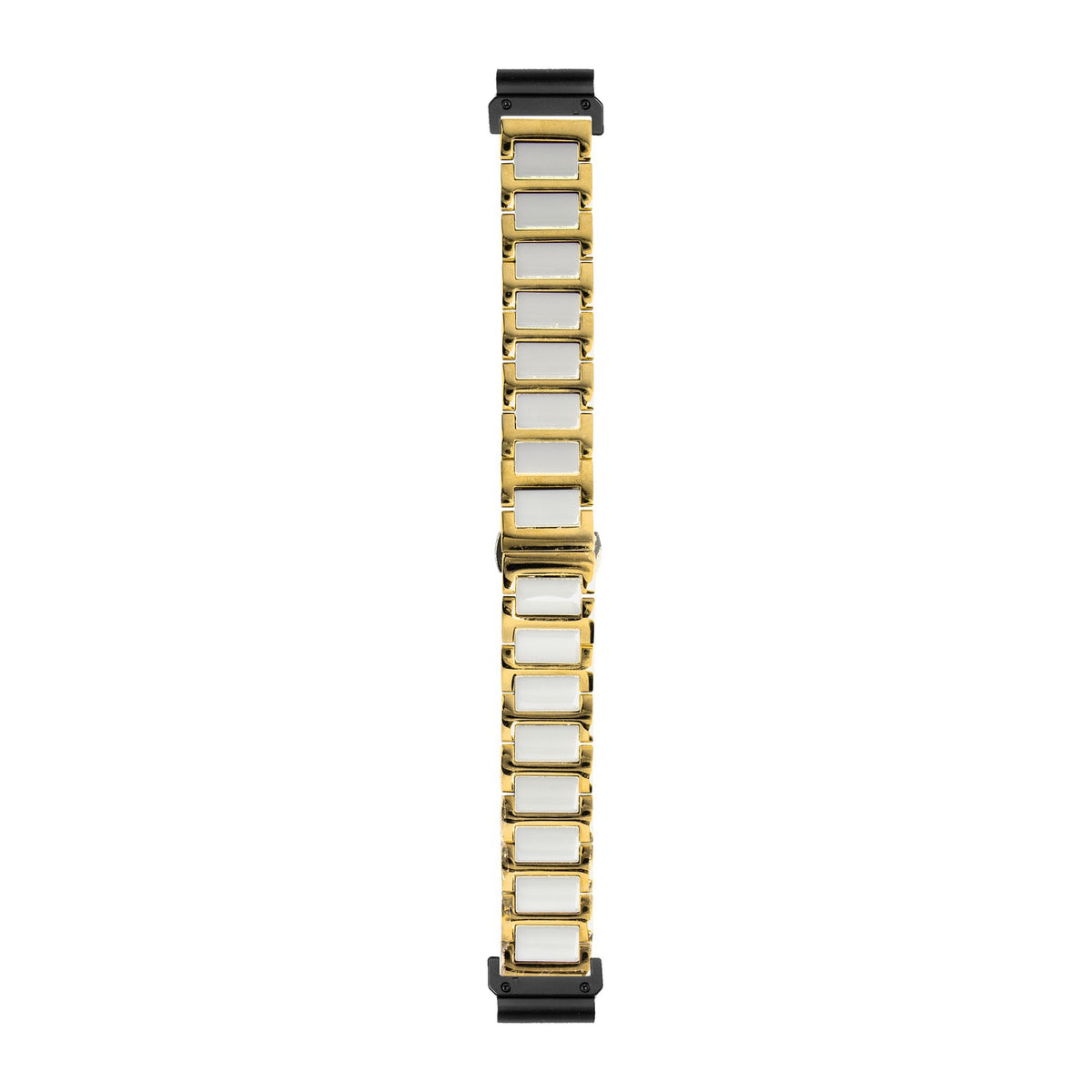 [QuickFit] Ceramic Bracelet - Gold & White - Deployant Clasp watch strap with Slim Military QuickFit adapters (Black) attached, flat lay