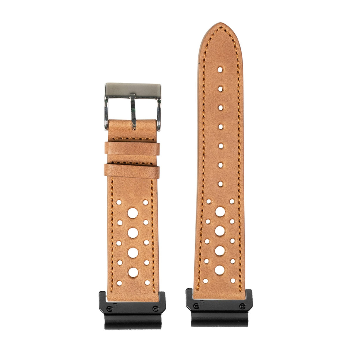 [QuickFit] Leather - Daytona - Brown watch strap with Slim Military QuickFit adapters (Black) attached, flat lay
