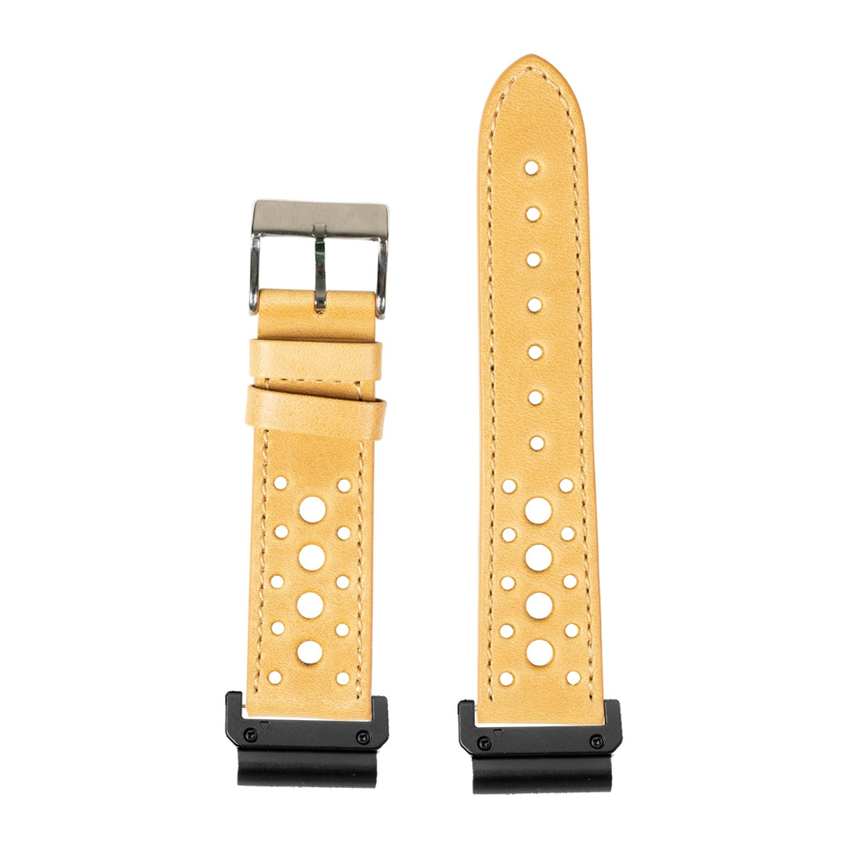 [QuickFit] Leather - Daytona - Golden Brown watch strap with Slim Military QuickFit adapters (Black) attached, flat lay