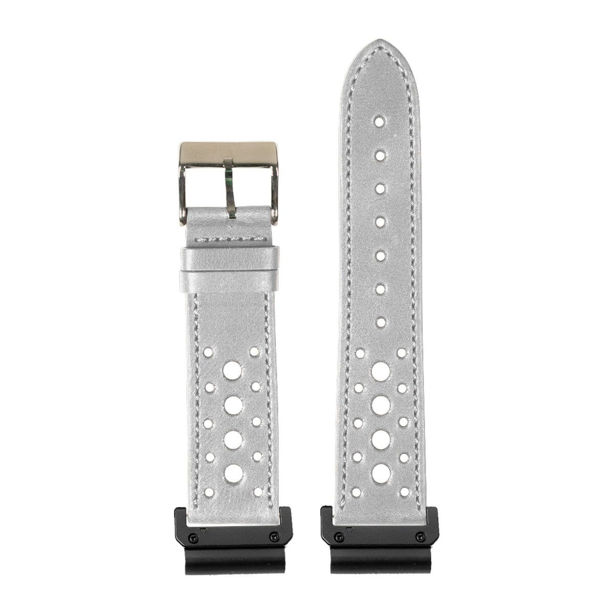 [QuickFit] Leather - Daytona - Grey watch strap with Slim Military QuickFit adapters (Black) attached, flat lay