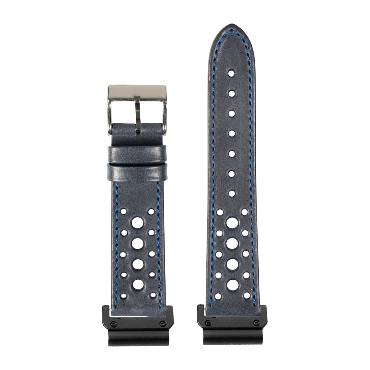 [QuickFit] Leather - Daytona - Navy Blue watch strap with Slim Military QuickFit adapters (Black) attached, flat lay