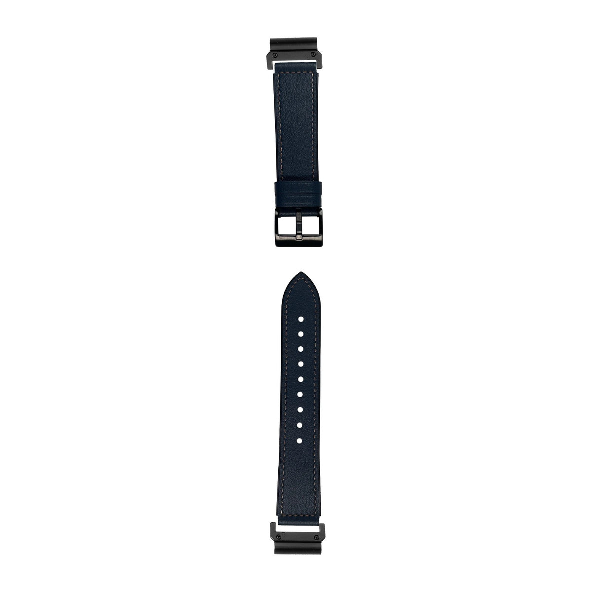 [QuickFit] Leather Hybrid - Navy Blue watch strap with Slim Military QuickFit adapters (Black) attached, flat lay