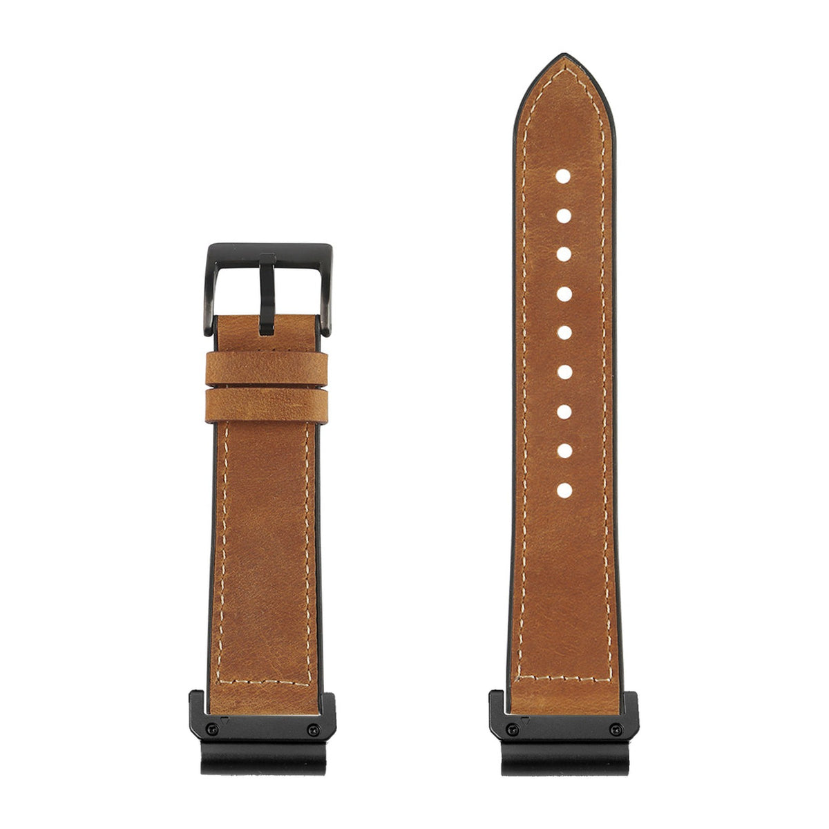 [QuickFit] Leather Hybrid - Dark Brown watch strap with Slim Military QuickFit adapters (Black) attached, flat lay