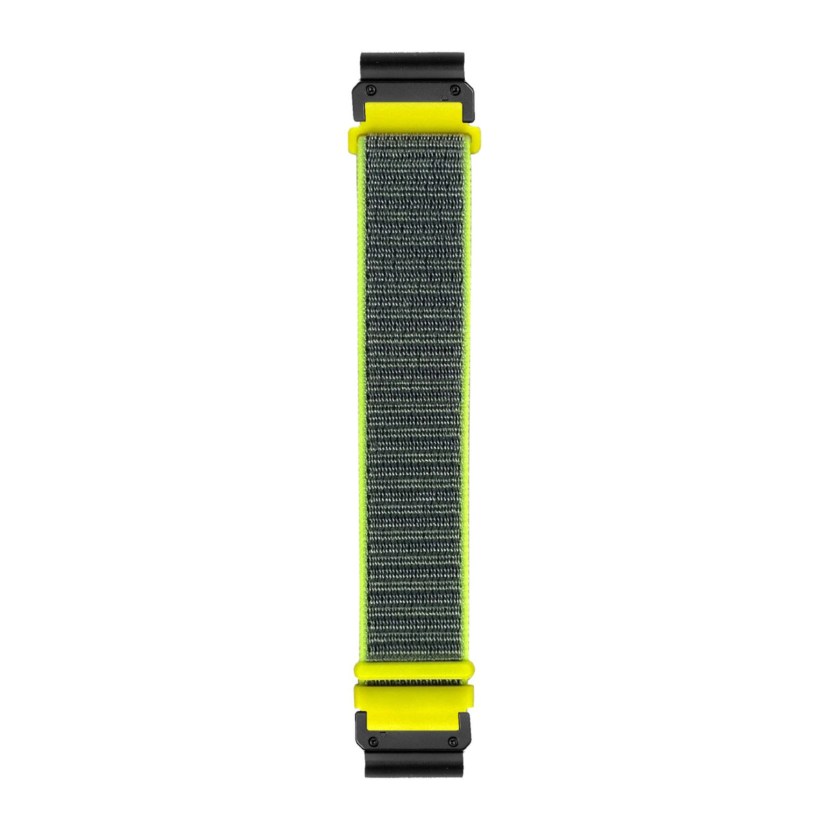 [QuickFit] Sports Loop (Velcro) - Flash Yellow watch strap with Slim Military QuickFit adapters (Black) attached, flat lay