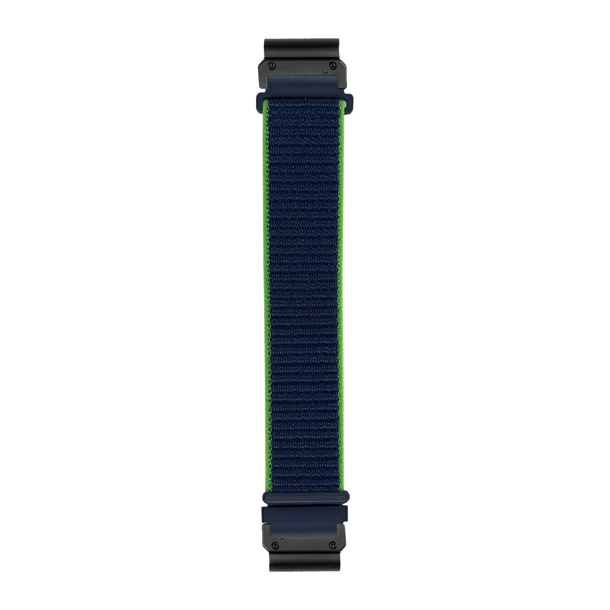 [QuickFit] Sports Loop (Velcro) - Lime watch strap with Slim Military QuickFit adapters (Black) attached, flat lay