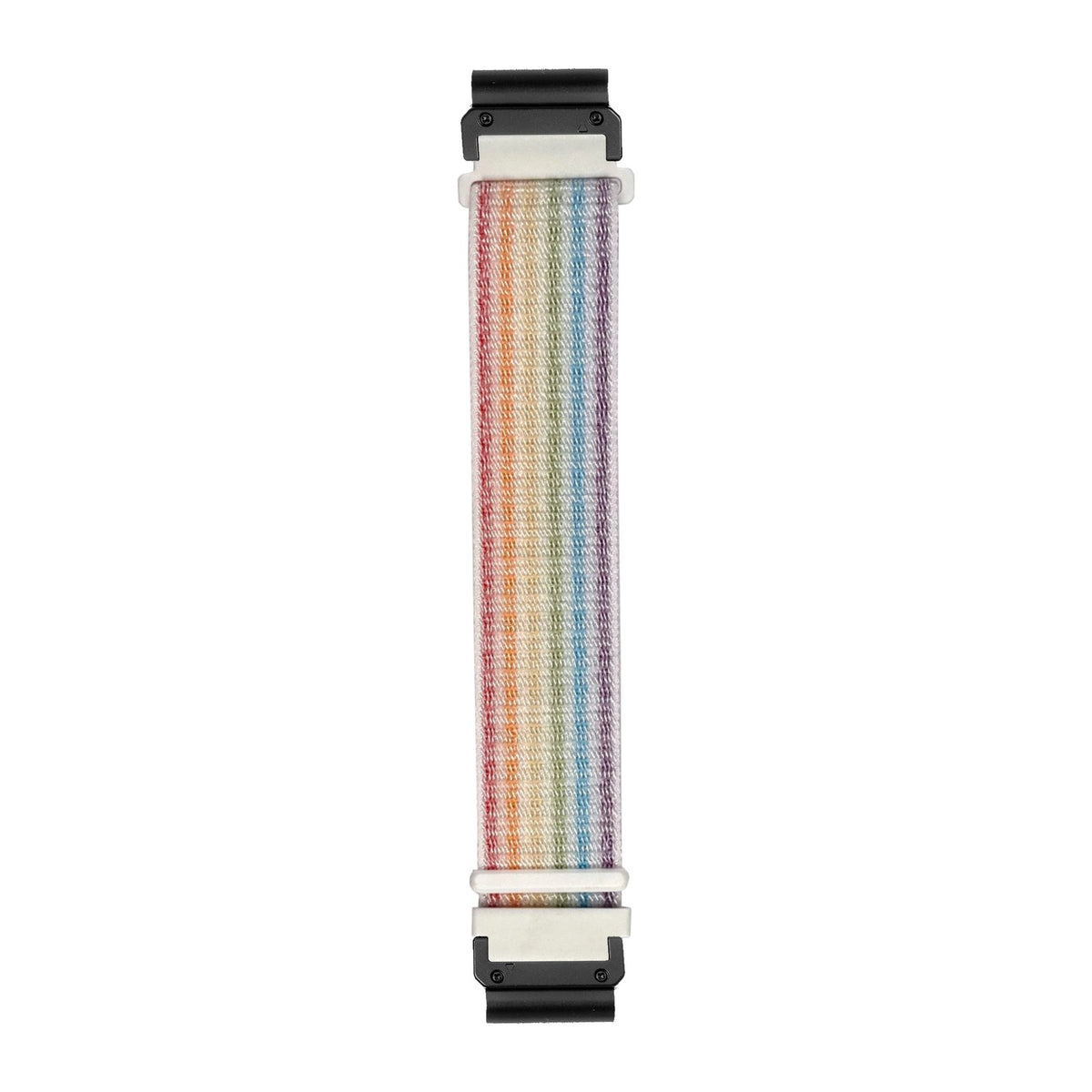 [QuickFit] Sports Loop (Velcro) - Pastel Rainbow watch strap with Slim Military QuickFit adapters (Black) attached, flat lay
