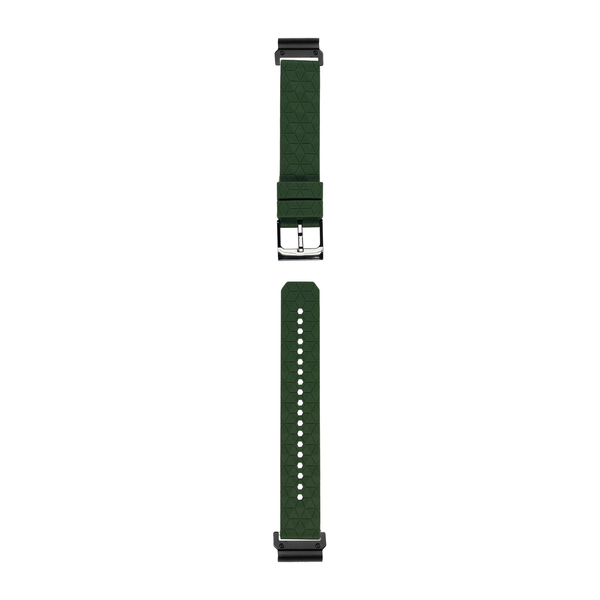 [QuickFit] Prism Silicone [Black Hardware] - Army Green watch strap with Slim Military QuickFit adapters (Black) attached, flat lay