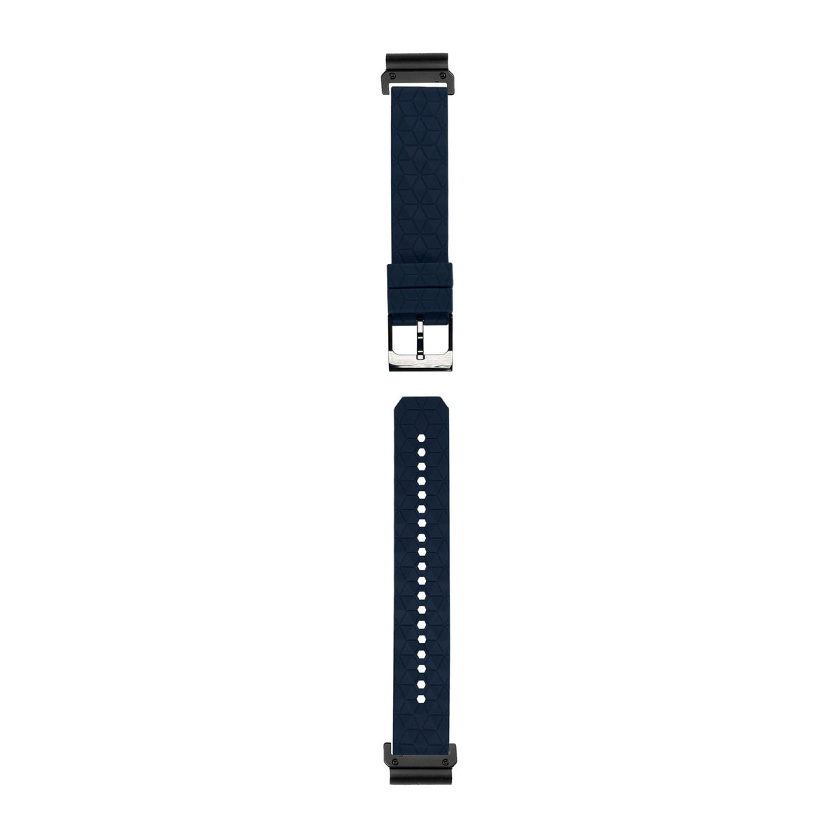 [QuickFit] Prism Silicone [Black Hardware] - Navy Blue watch strap with Slim Military QuickFit adapters (Black) attached, flat lay
