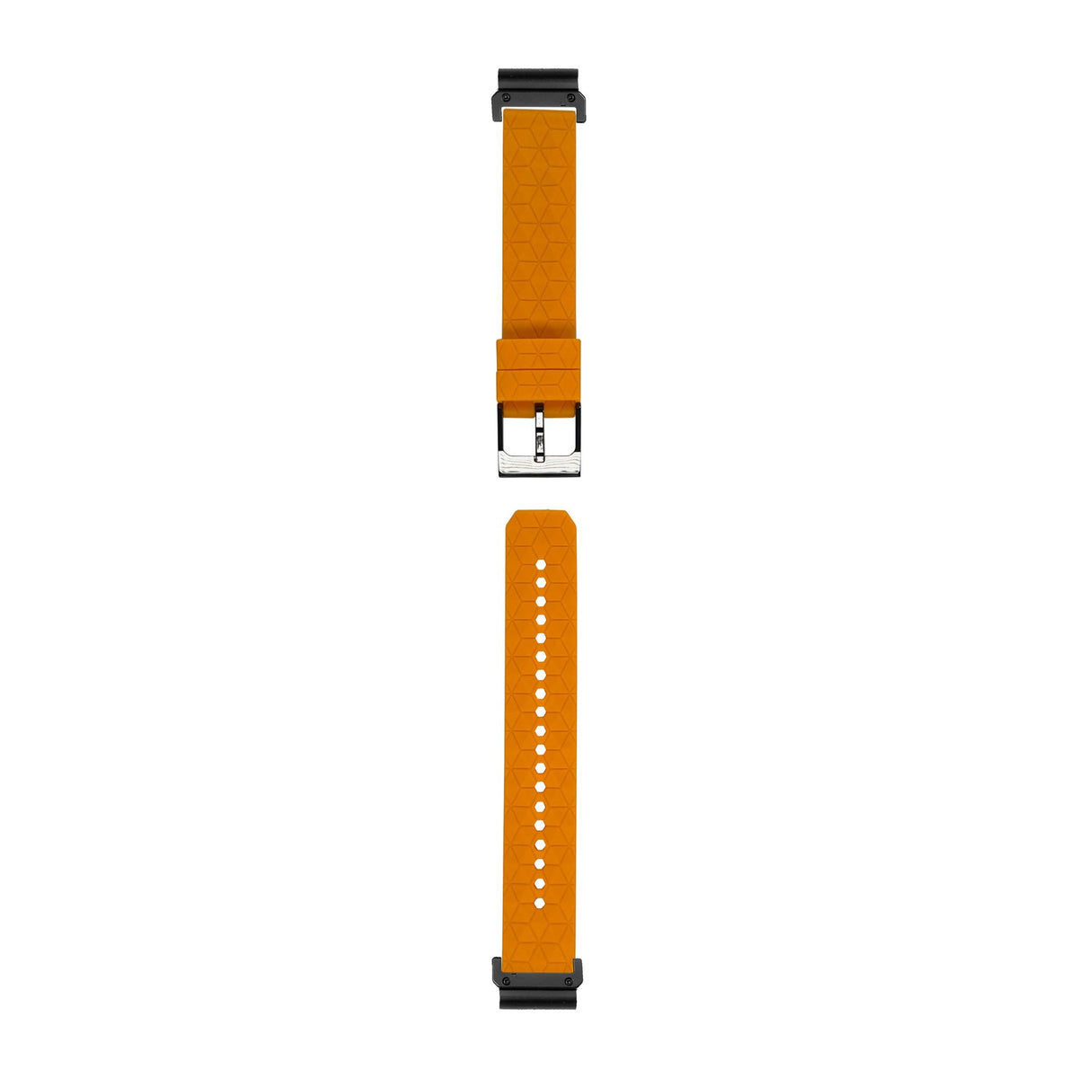 [QuickFit] Prism Silicone [Black Hardware] - Orange watch strap with Slim Military QuickFit adapters (Black) attached, flat lay