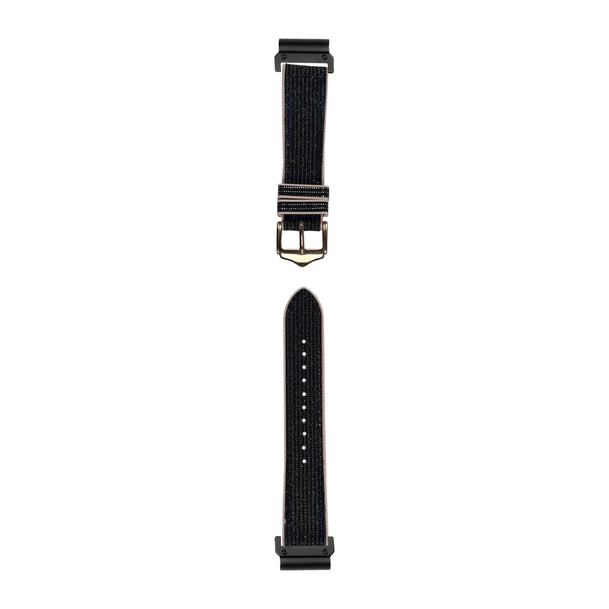 [QuickFit] Sparkle Hybrid - Black / Gold / Blue watch strap with Slim Military QuickFit adapters (Black) attached, flat lay