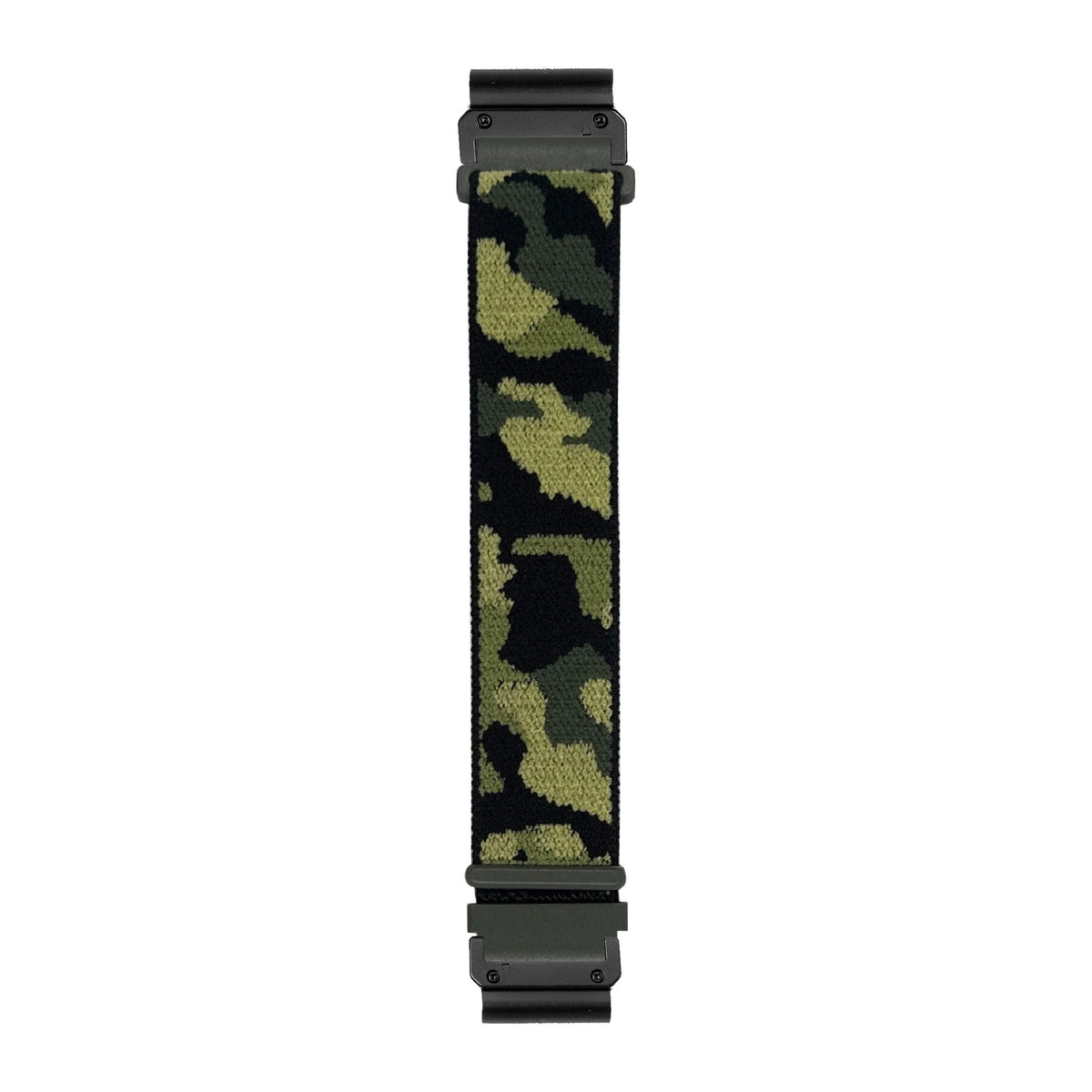 [QuickFit] Sports Loop (Velcro) - Army Camo - Army Green watch strap with Slim Military QuickFit adapters (Black) attached, flat lay