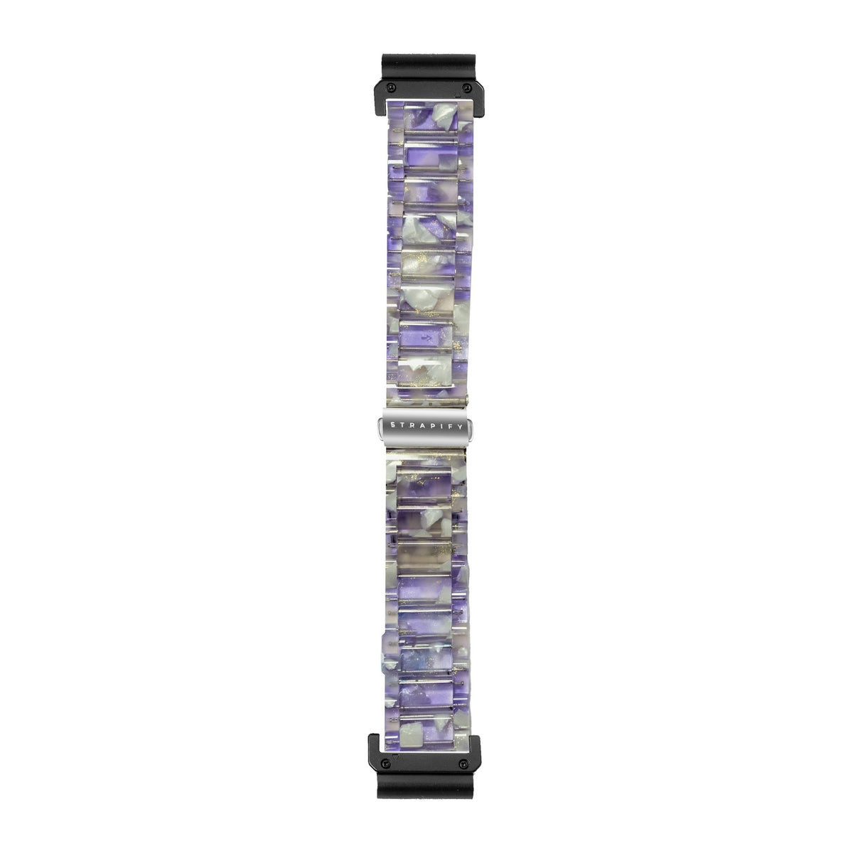 [QuickFit] Crystalised Acetate - Lavender Dreams watch strap with Slim Military QuickFit adapters (Black) attached, flat lay