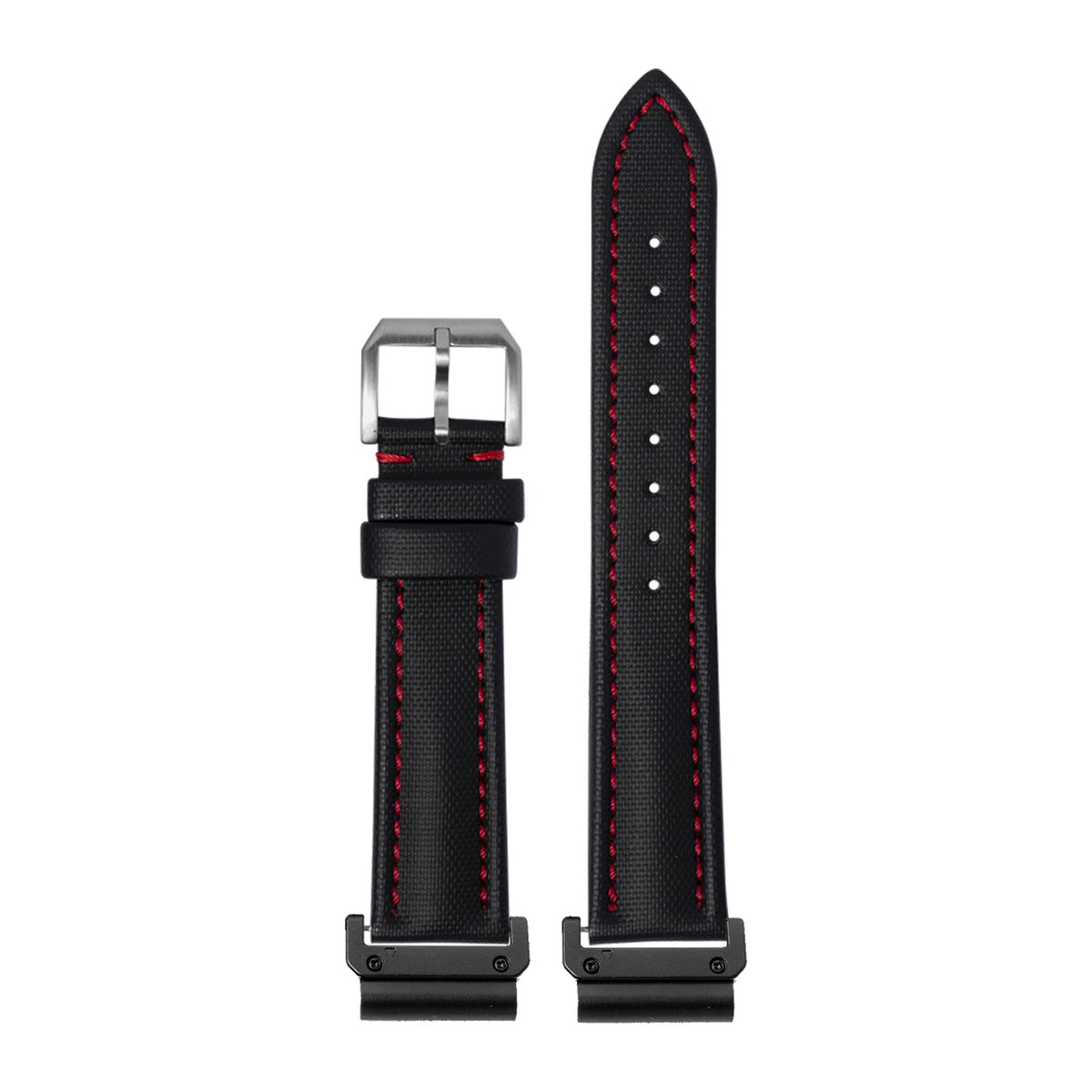 [QuickFit] King Sailcloth - Black | Orange Stitching watch strap with Slim Military QuickFit adapters (Black) attached, flat lay