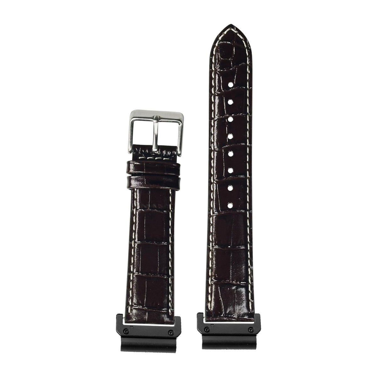 [QuickFit] Alligator Leather - Dark Brown | White Stitching watch strap with Slim Military QuickFit adapters (Black) attached, flat lay