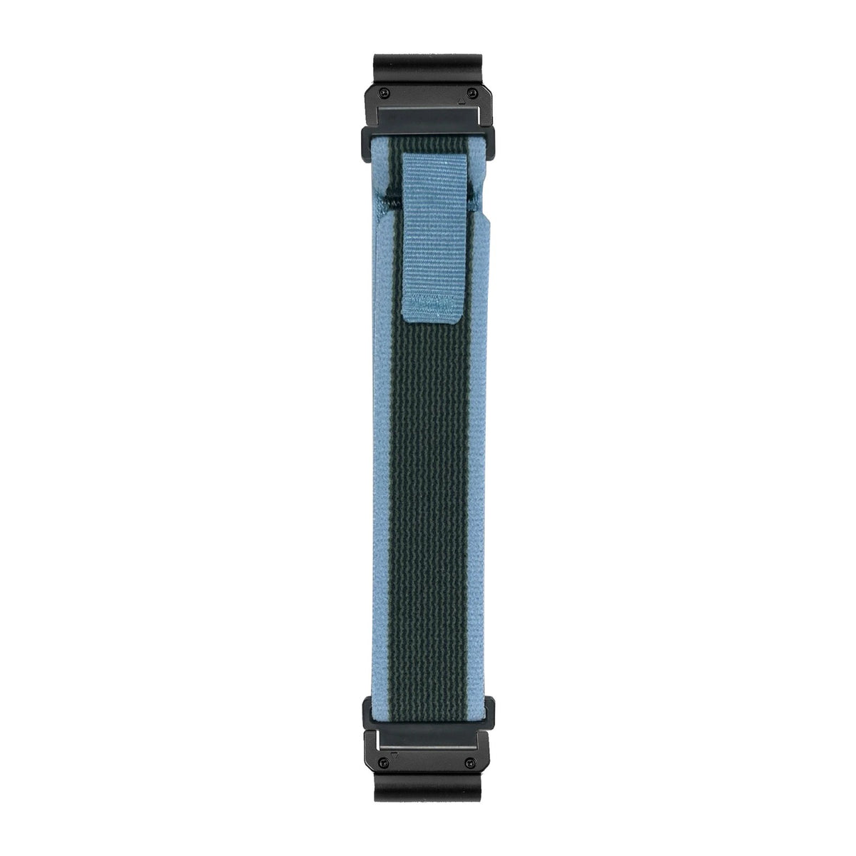 [QuickFit] Trail Loop - Green / Blue nylon watch strap with Slim Military QuickFit adapters (Black) attached, flat lay