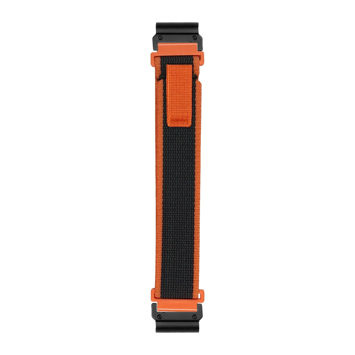 [QuickFit] Trail Loop - Green / Orange nylon watch strap with Slim Military QuickFit adapters (Black) attached, flat lay