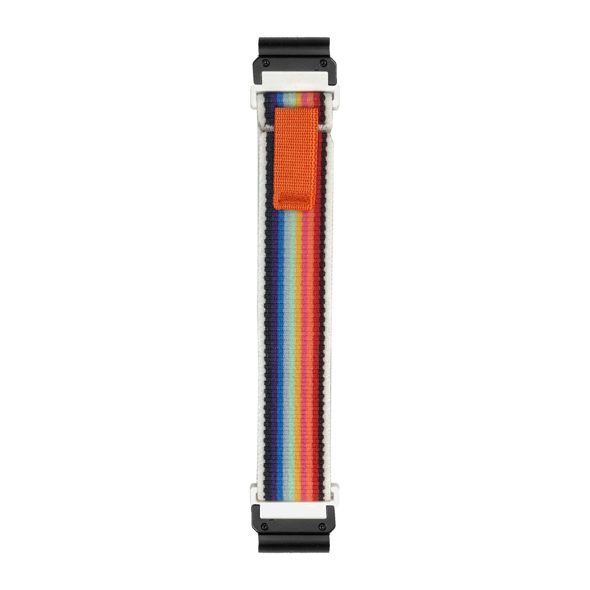 [QuickFit] Trail Loop - Rainbow nylon watch strap with Slim Military QuickFit adapters (Black) attached, flat lay