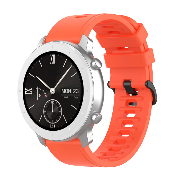 Silver smartwatch with black dial, Roman numerals, and coral red silicone quick release band with black hardware