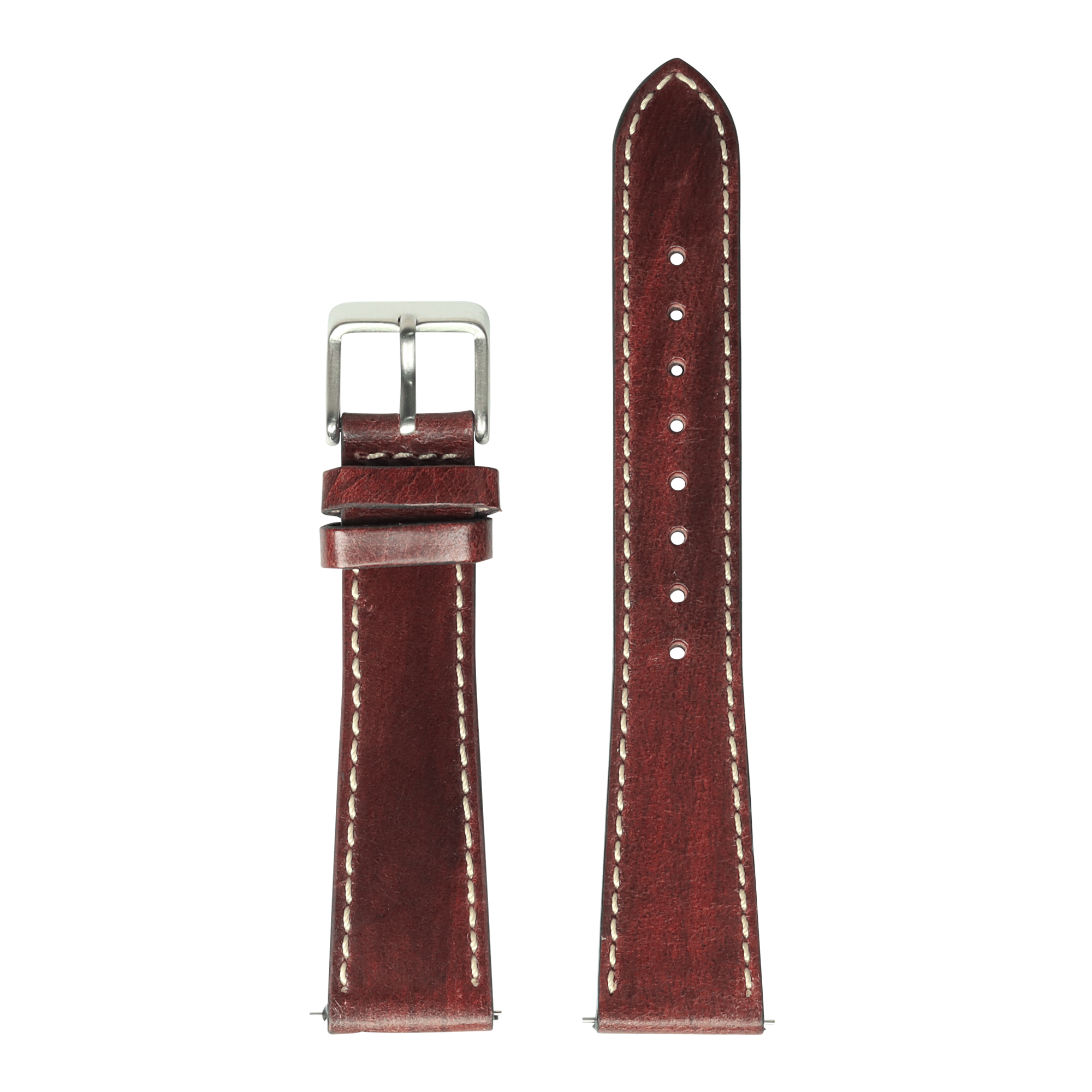 Burgundy leather watch strap 26mm with contrast white stitching and brushed silver buckle, quick-fit design