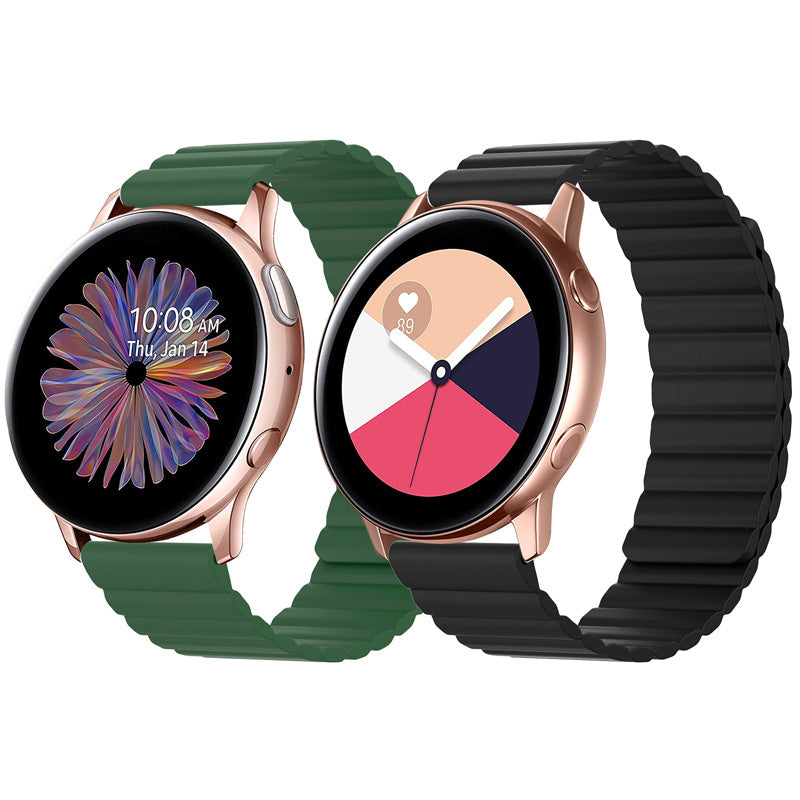 Smartwatches with rose gold cases featuring quick release magnetic silicone loop bands in green and black colors