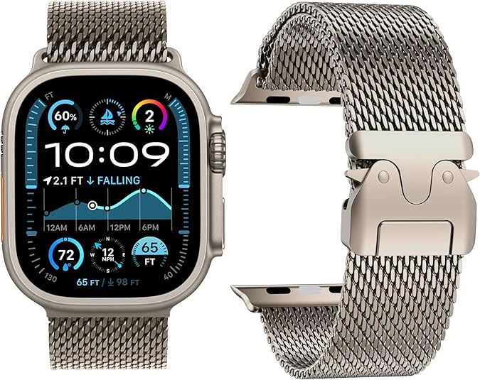 Titanium Apple Watch with silver Milanese mesh band, showing digital time display and weather widgets on screen