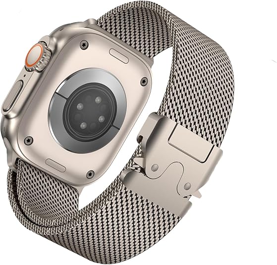 Titanium smartwatch with silver mesh band and digital crown on wrist