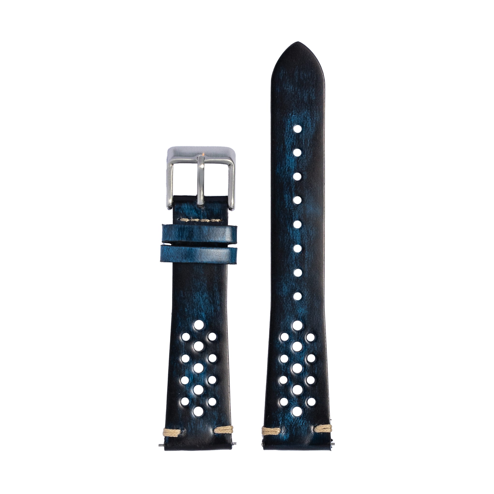 Vintage Rally leather watch strap smoked blue with white stud details and silver buckle
