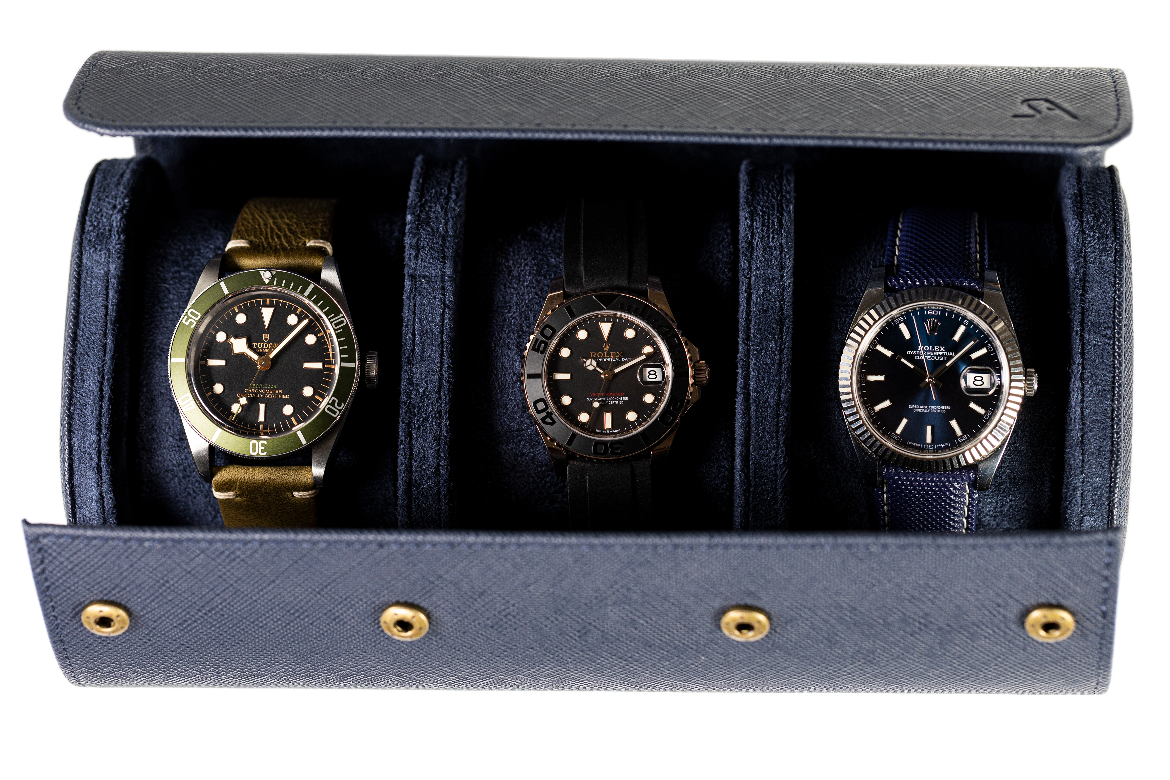 Hamilton - 3 Watch Roll - Saffiano Leather Navy Blue | Navy Blue Velvet