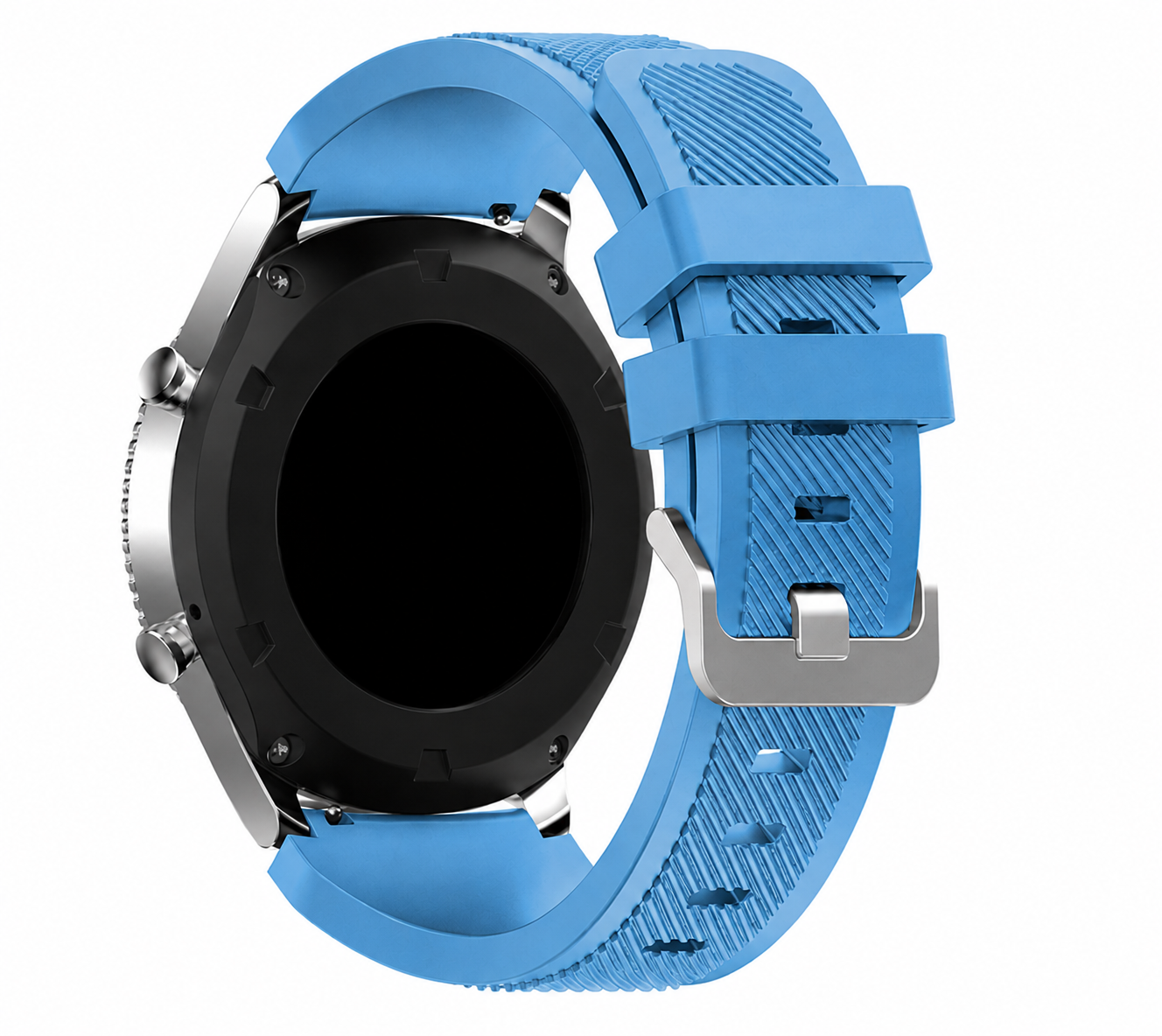 Blue silicone smartwatch band with quick release connector and textured pattern strap