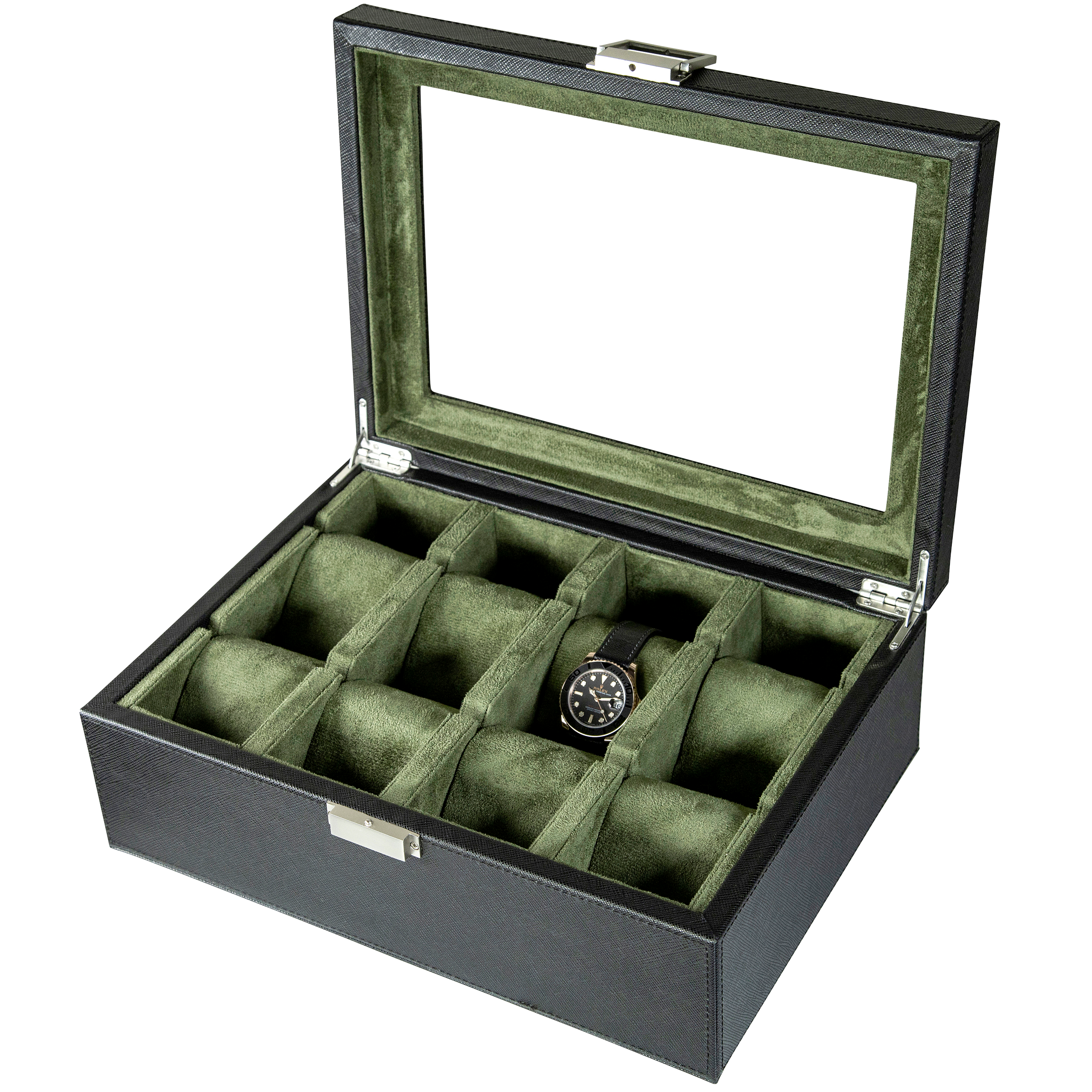 Jefferson - 8 Watch Box - Saffiano Black | Green Velvet