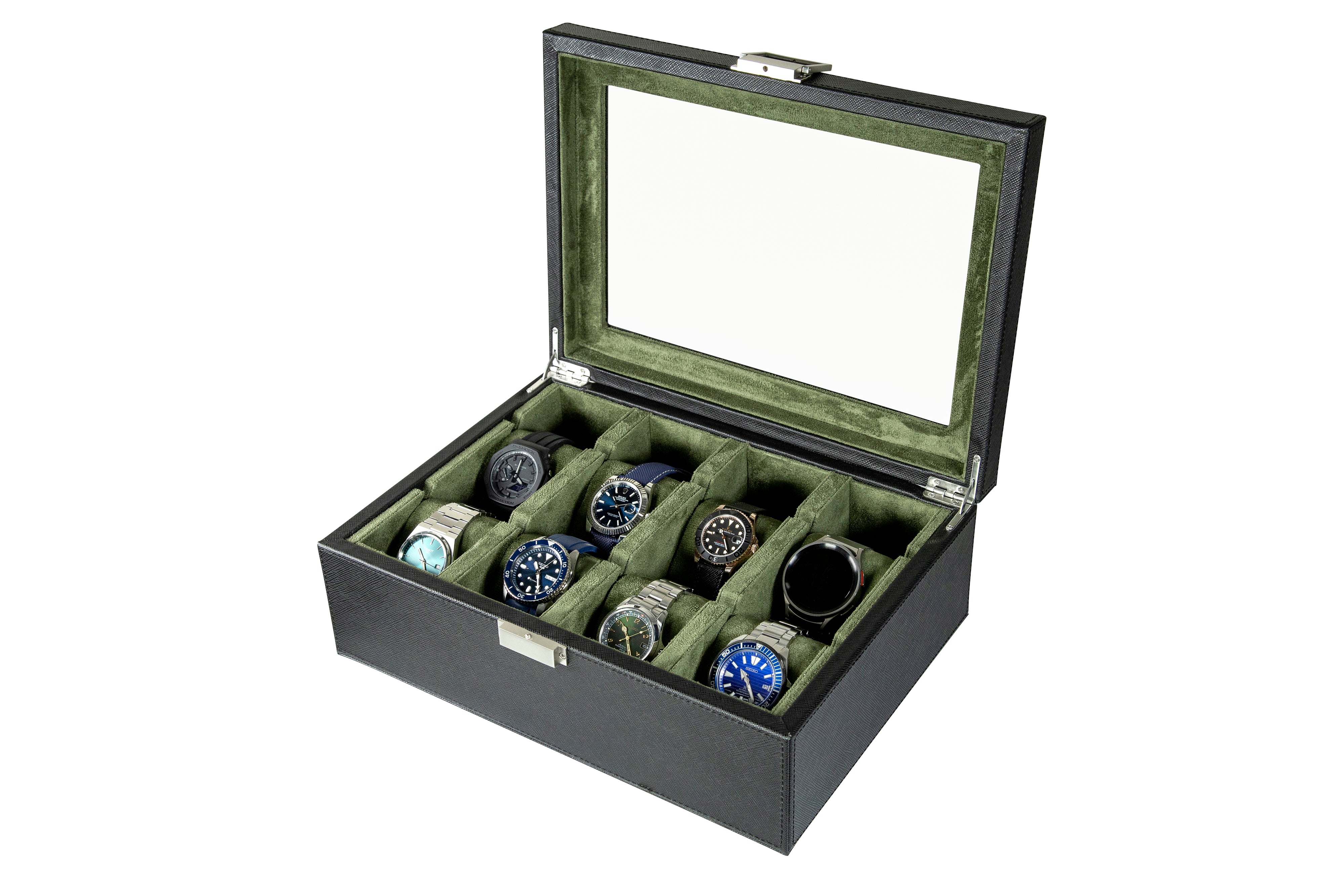 Jefferson - 8 Watch Box - Saffiano Black | Green Velvet