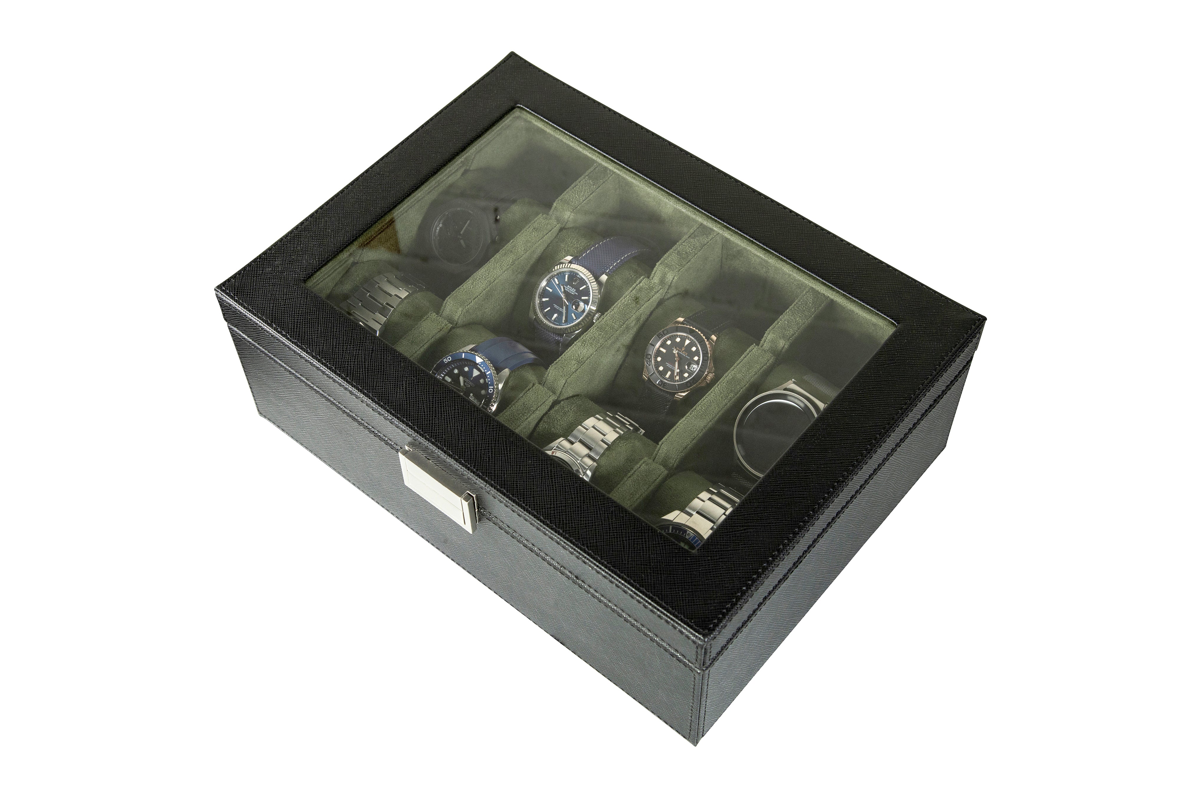 Jefferson - 8 Watch Box - Saffiano Black | Green Velvet