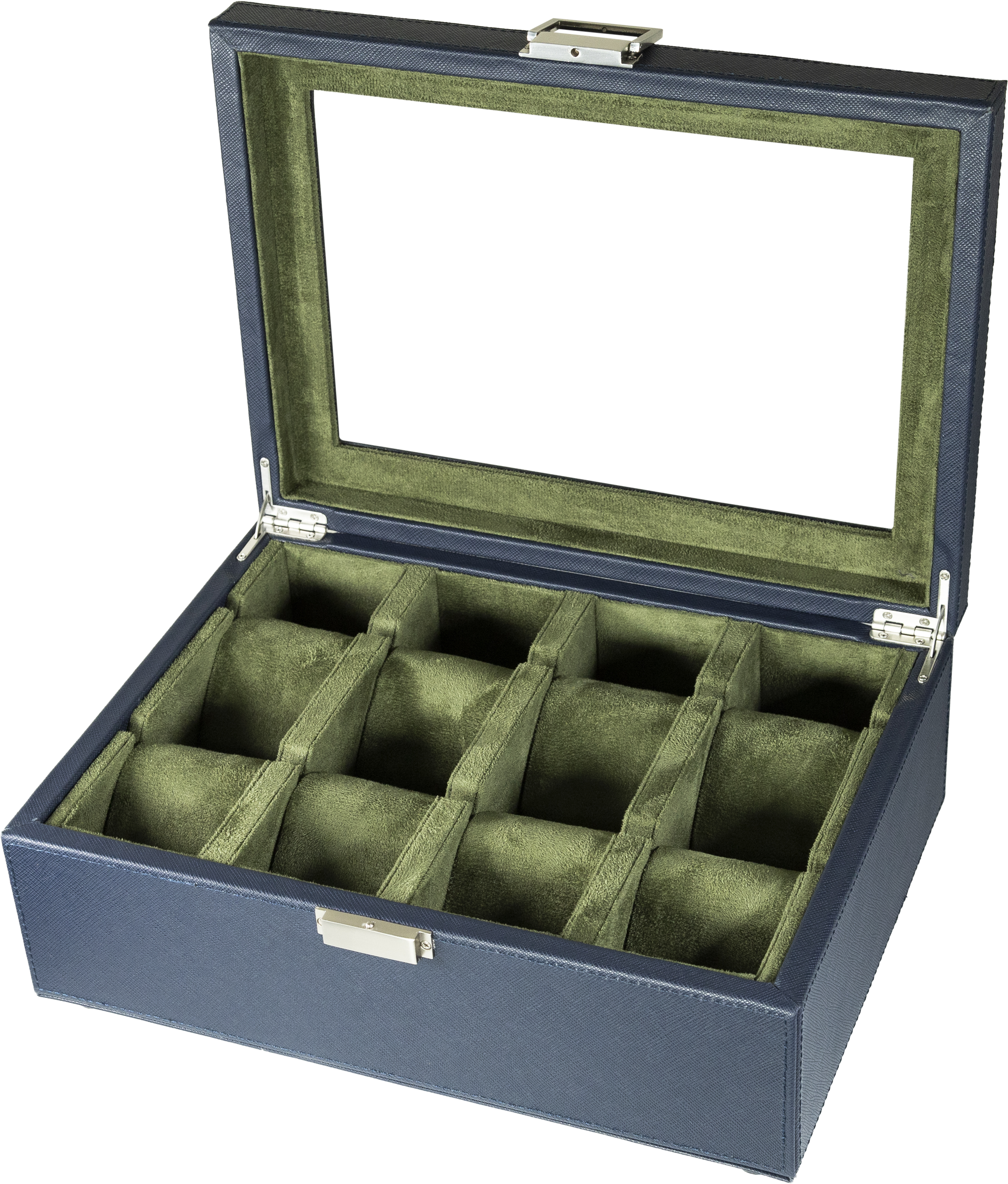 Jefferson - 8 Watch Box - Saffiano Blue | Green Velvet