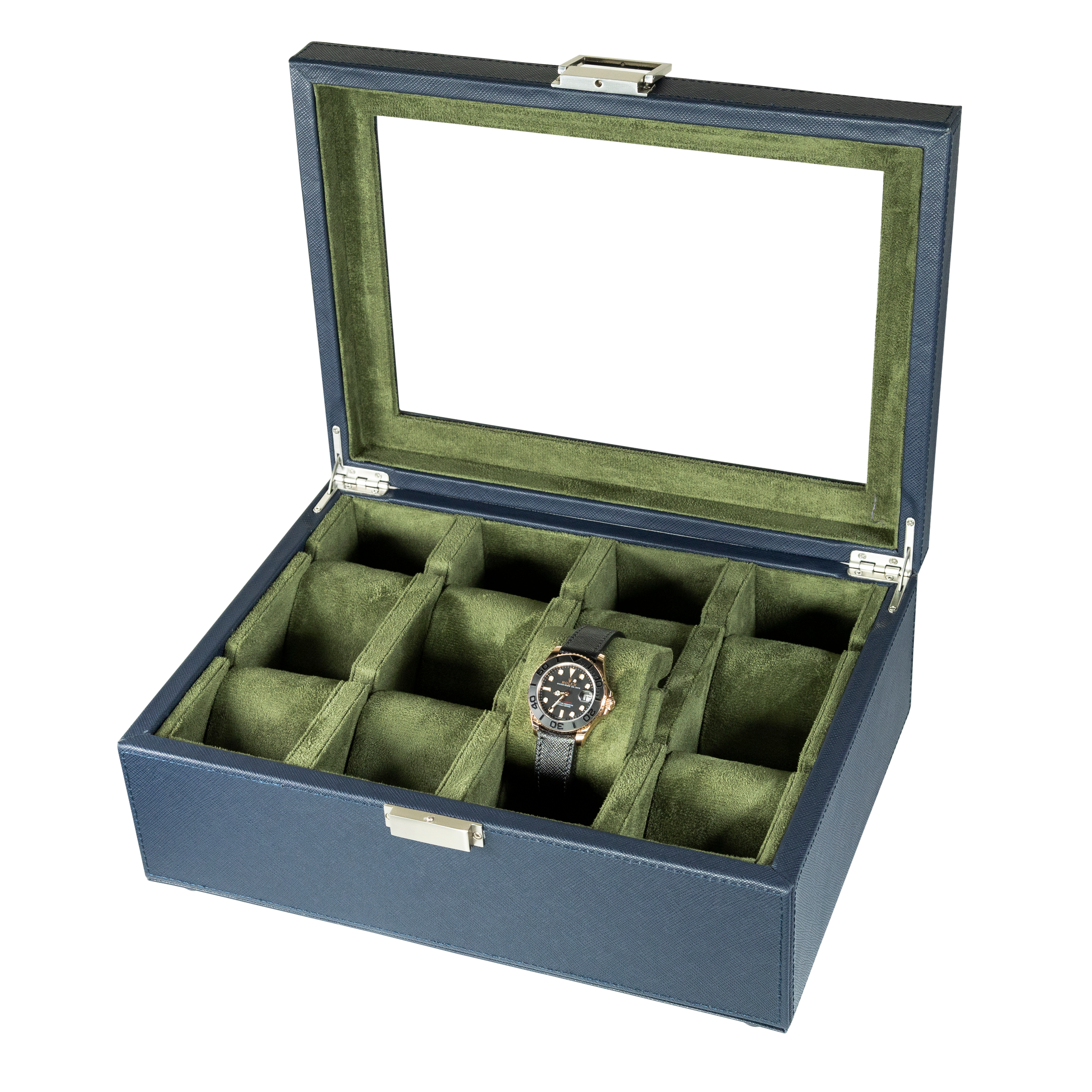 Jefferson - 8 Watch Box - Saffiano Blue | Green Velvet