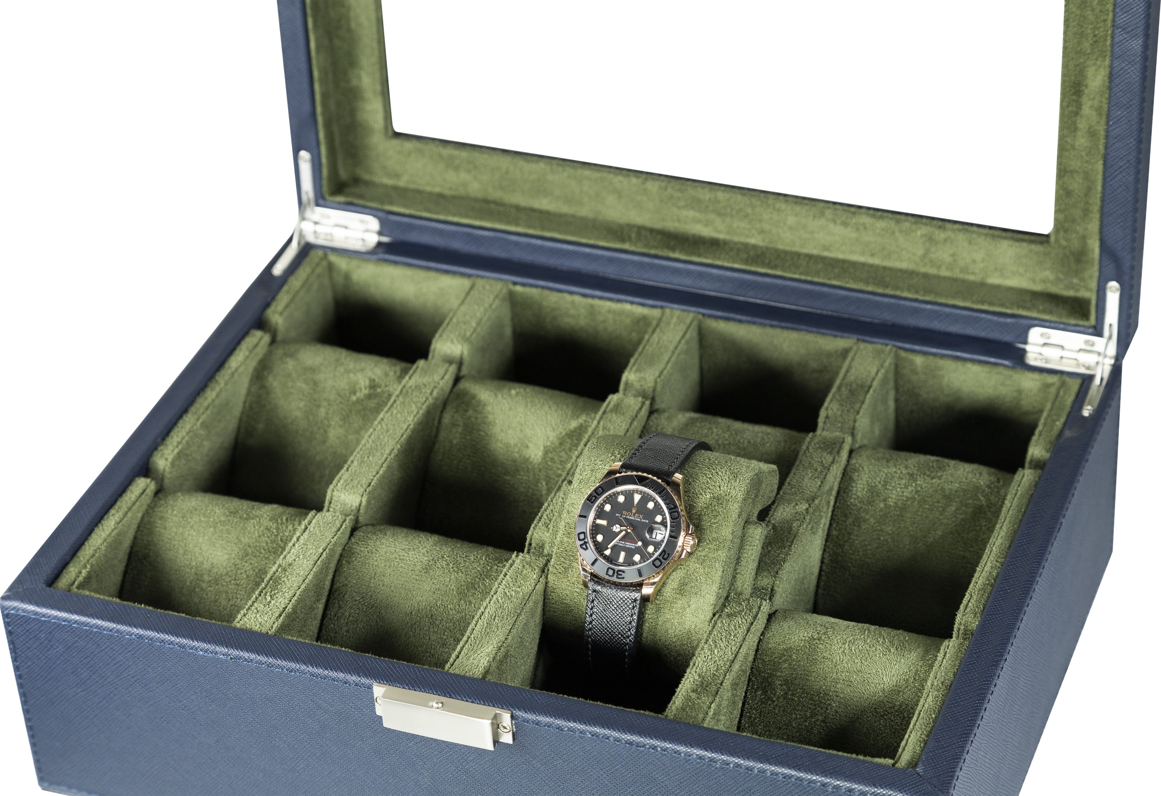 Jefferson - 8 Watch Box - Saffiano Blue | Green Velvet