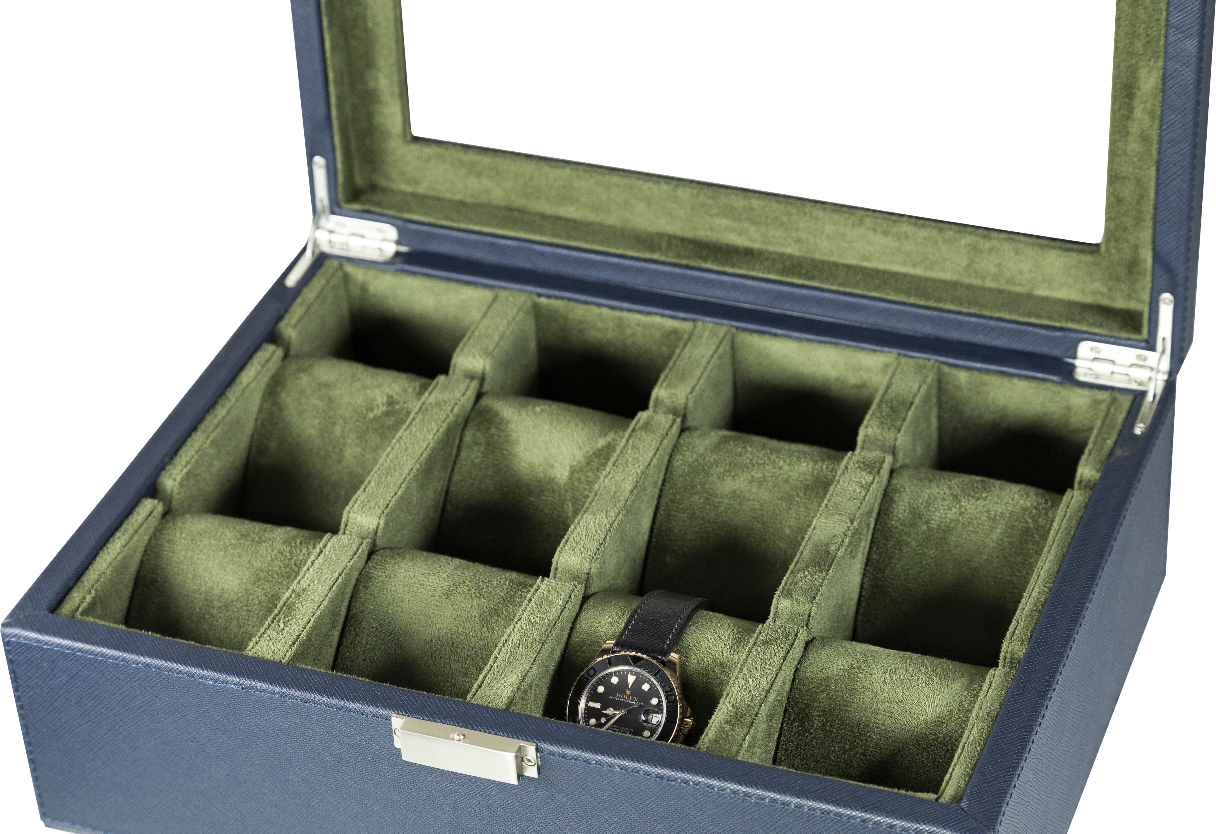 Jefferson - 8 Watch Box - Saffiano Blue | Green Velvet