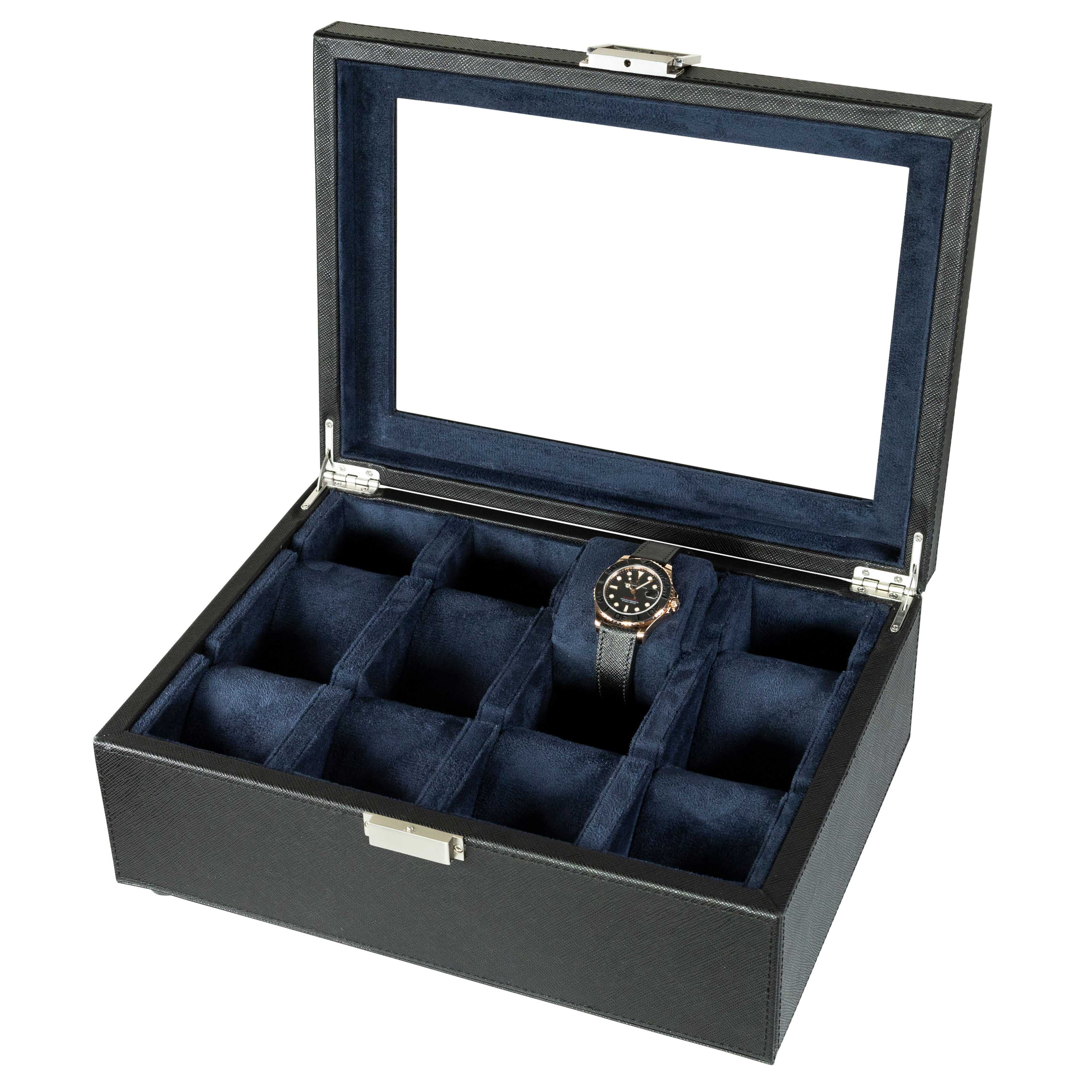 Jefferson - 8 Watch Box - Saffiano Black | Blue Velvet