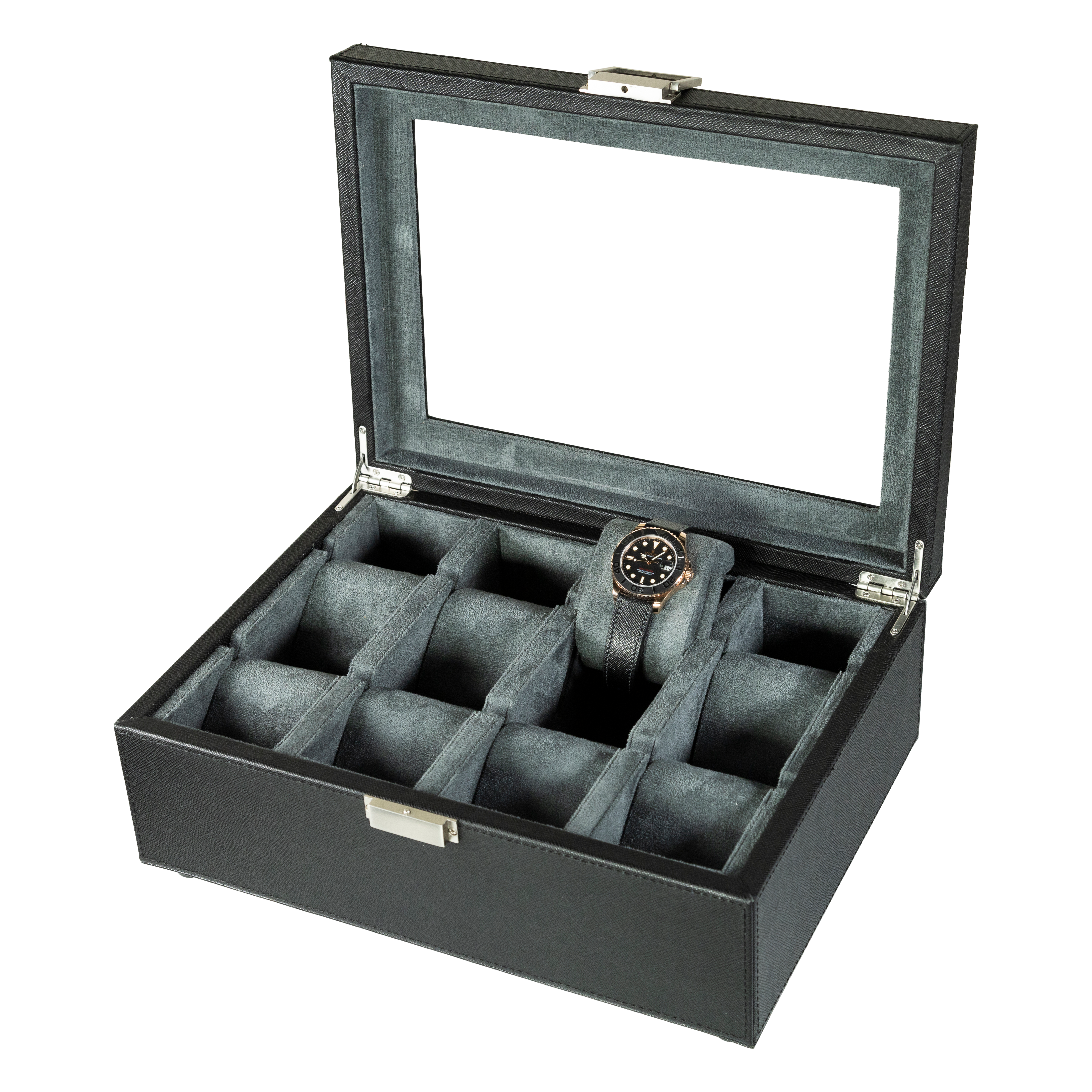 Jefferson - 8 Watch Box - Saffiano Black | Grey Velvet