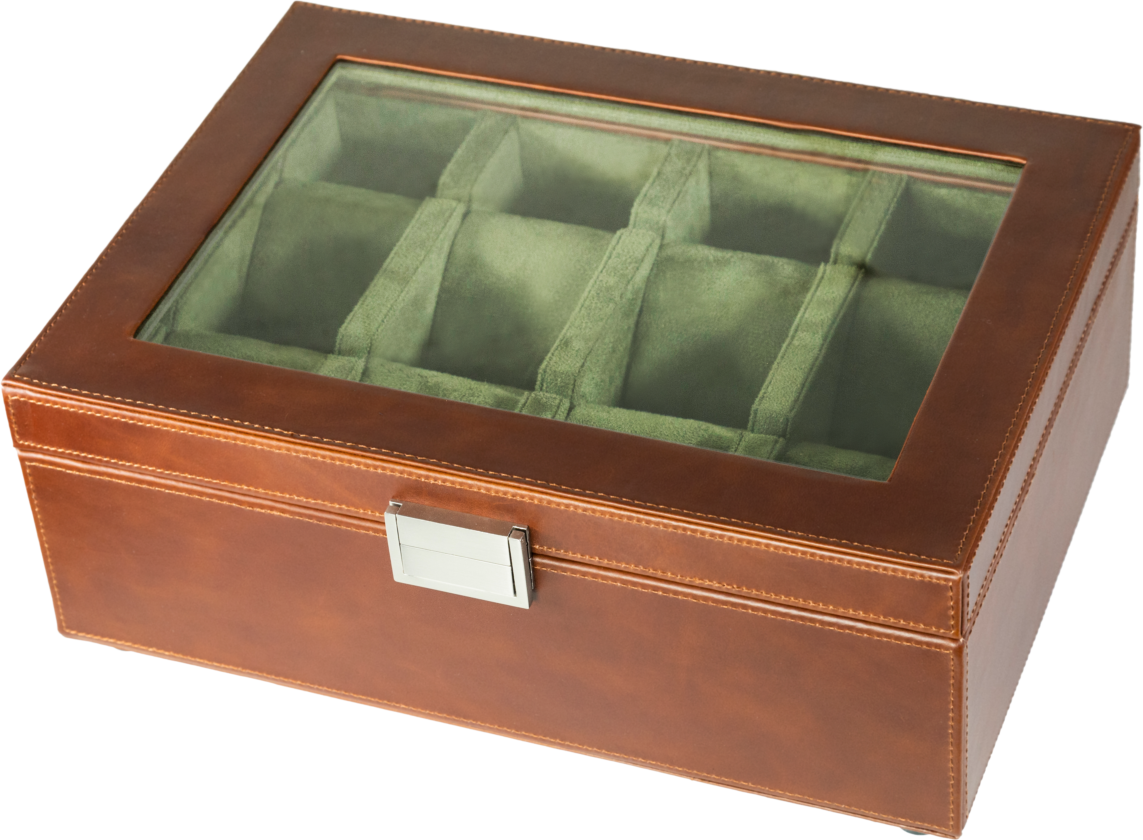 Jefferson - 8 Watch Box - Dark Brown Leather | Green Velvet