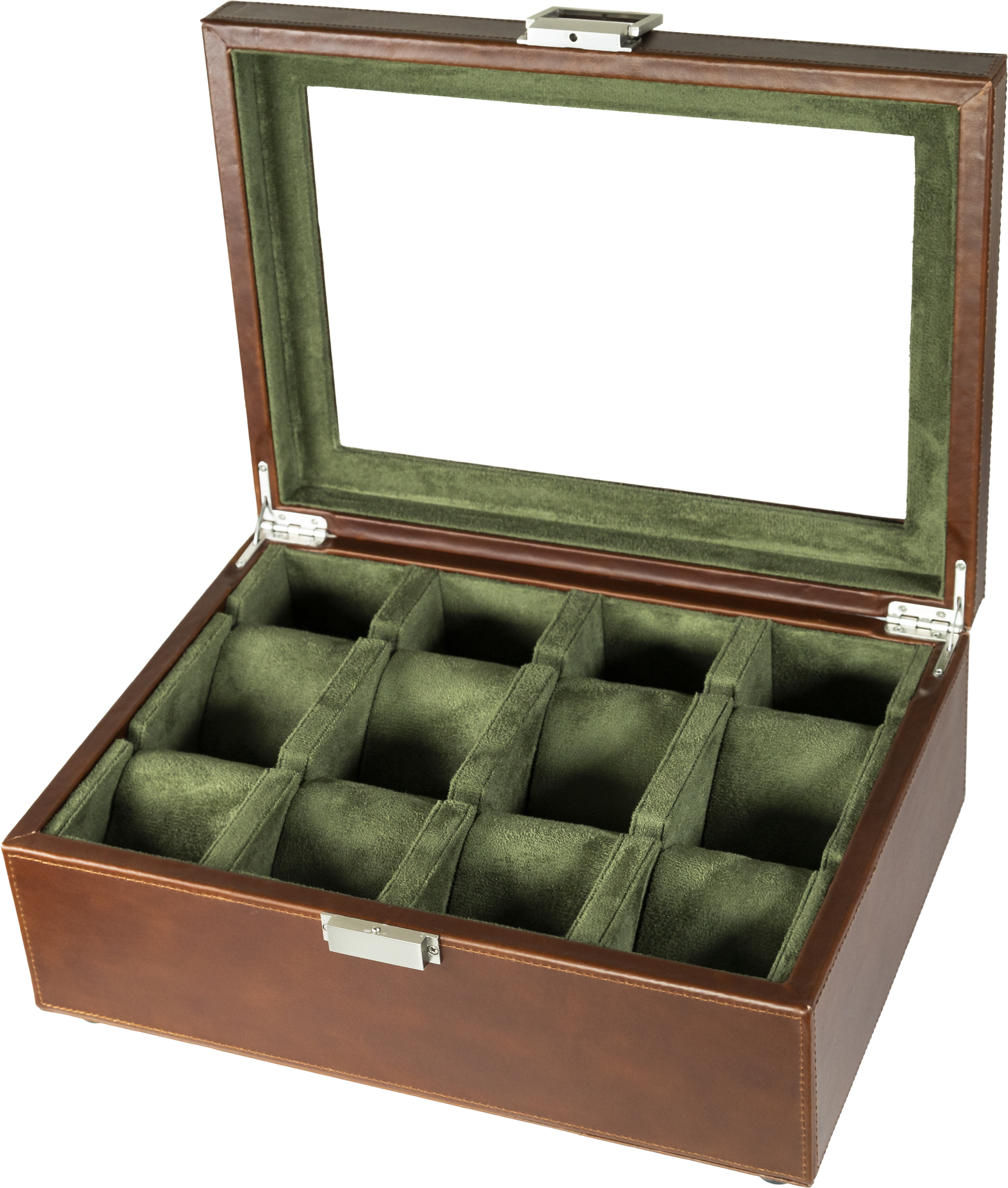 Jefferson - 8 Watch Box - Dark Brown Leather | Green Velvet