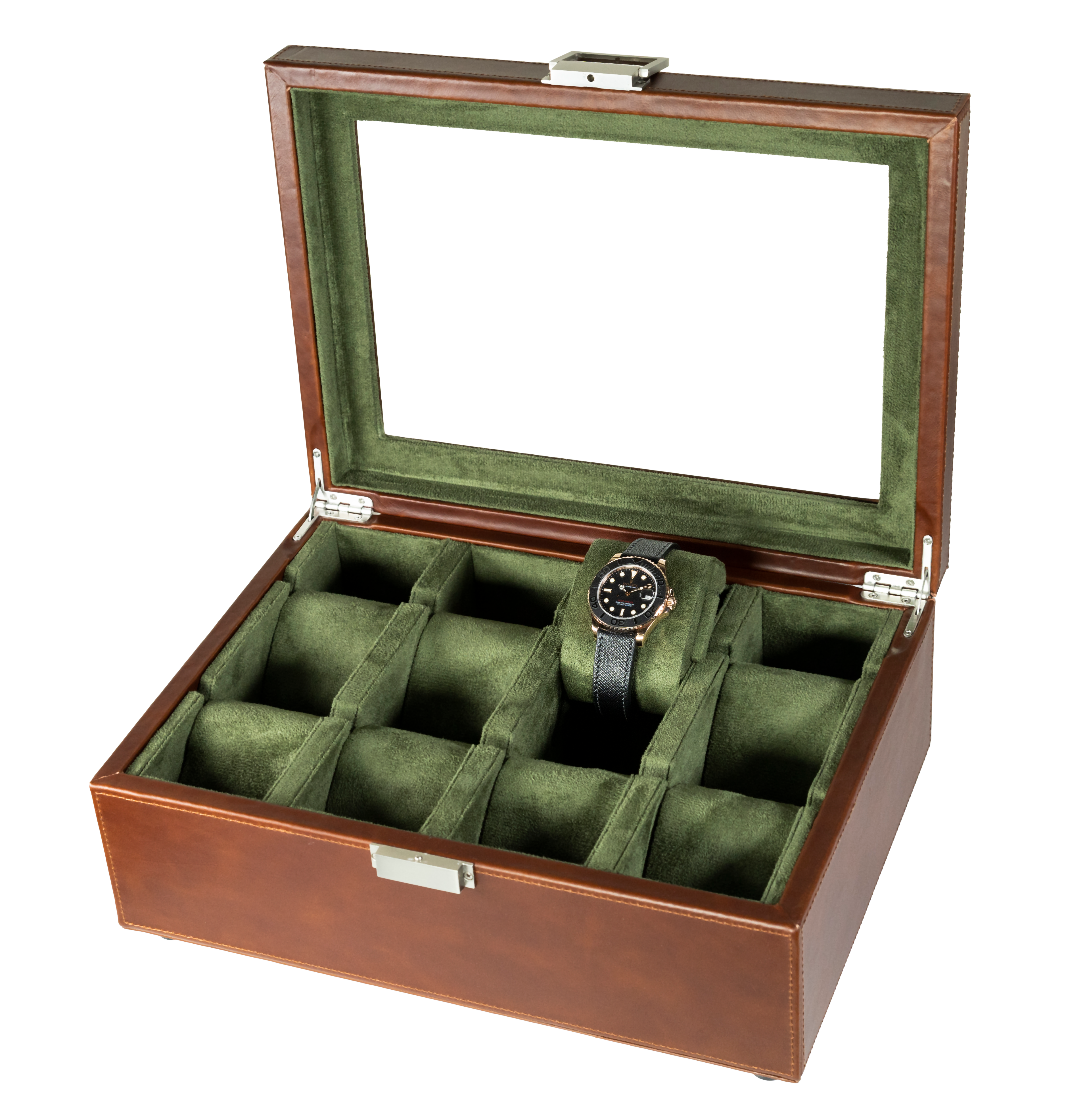 Jefferson - 8 Watch Box - Dark Brown Leather | Green Velvet