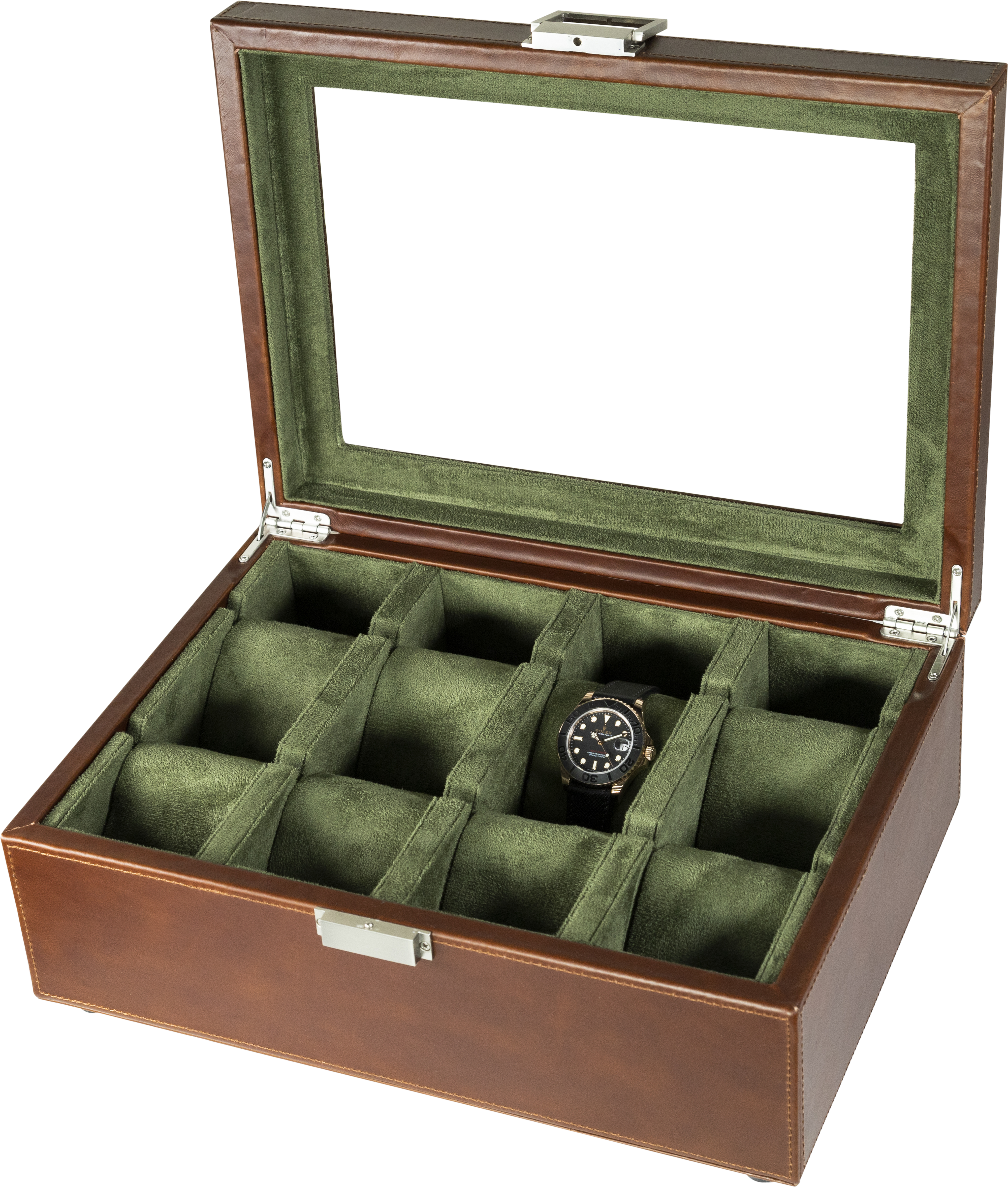 Jefferson - 8 Watch Box - Dark Brown Leather | Green Velvet