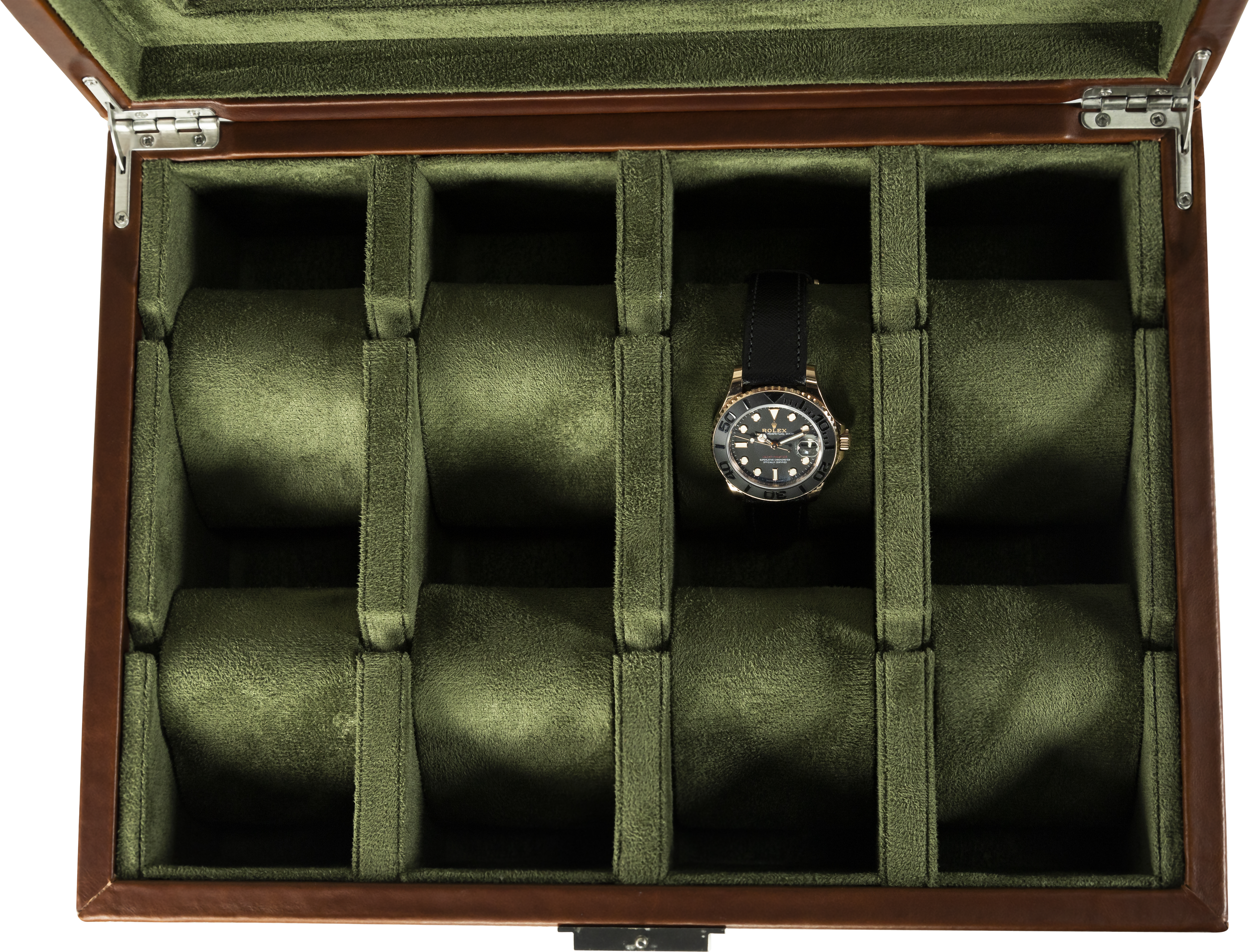 Jefferson - 8 Watch Box - Dark Brown Leather | Green Velvet